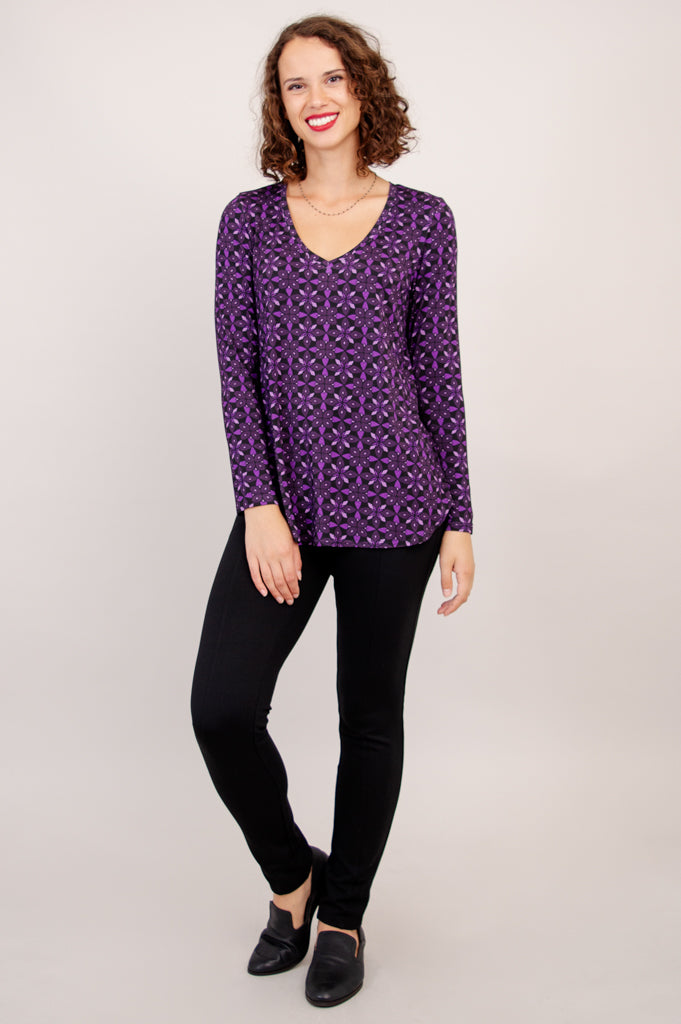 Jackie Long Sleeve Top with Geo Flower Print - Soft Bamboo Fabric - Perfect for Casual Wear & Layering - Final Sale