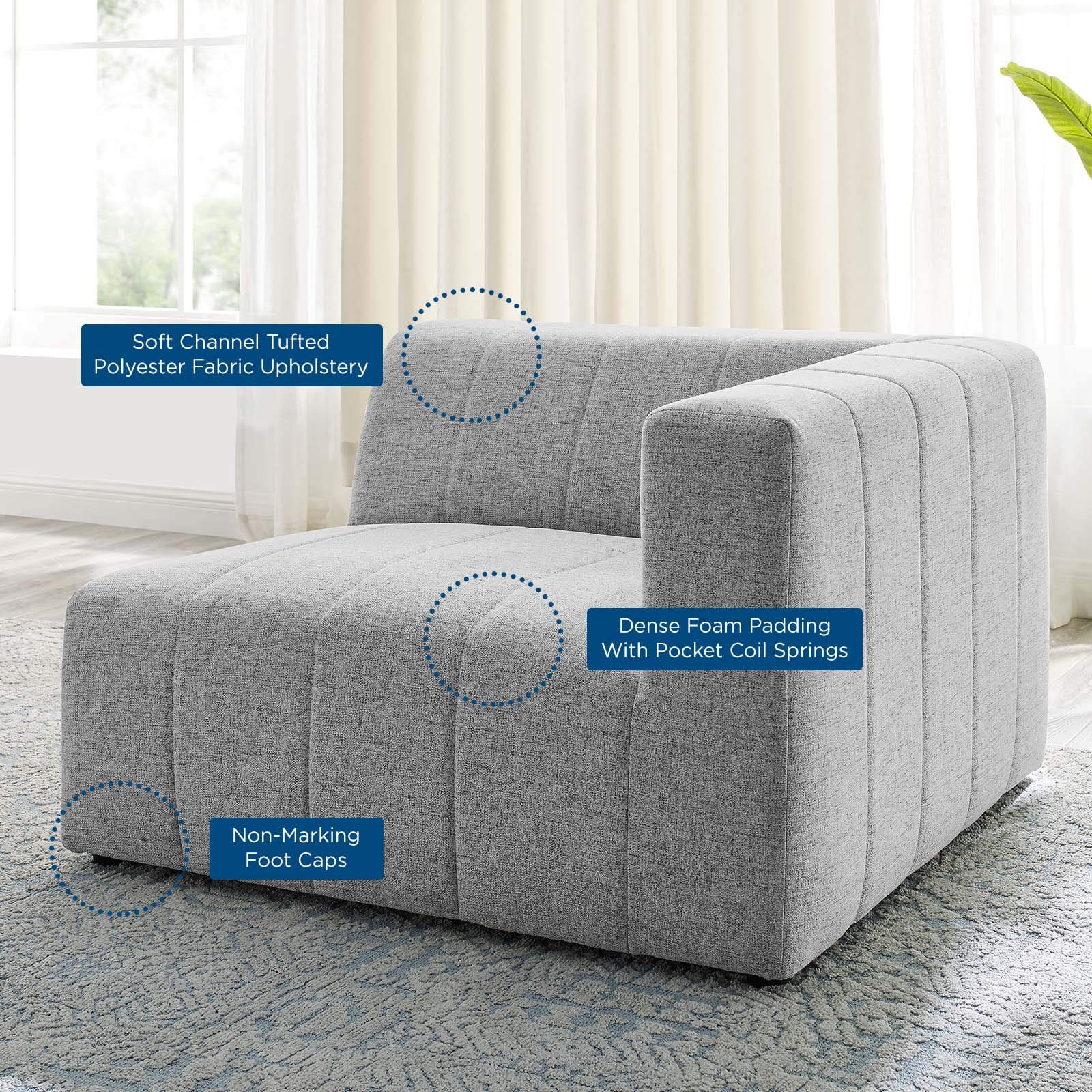 Modway Bartlett Channel Tufted Upholstered Sectional Sofa - Right-Arm Facing Chair in Light Gray Fabric - Perfect for Living Room, Lounge & Home Theater Seating