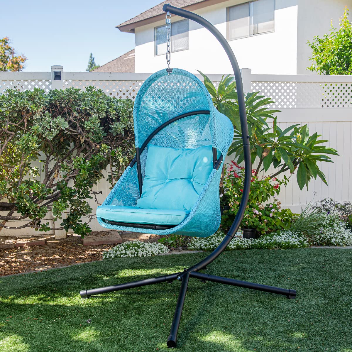 Barton Hanging Egg Chair with Canopy & Cushion - Indoor/Outdoor Collapsible Basket Lounge Seat in Aqua - Perfect for Patio, Garden, or Nursery Relaxation