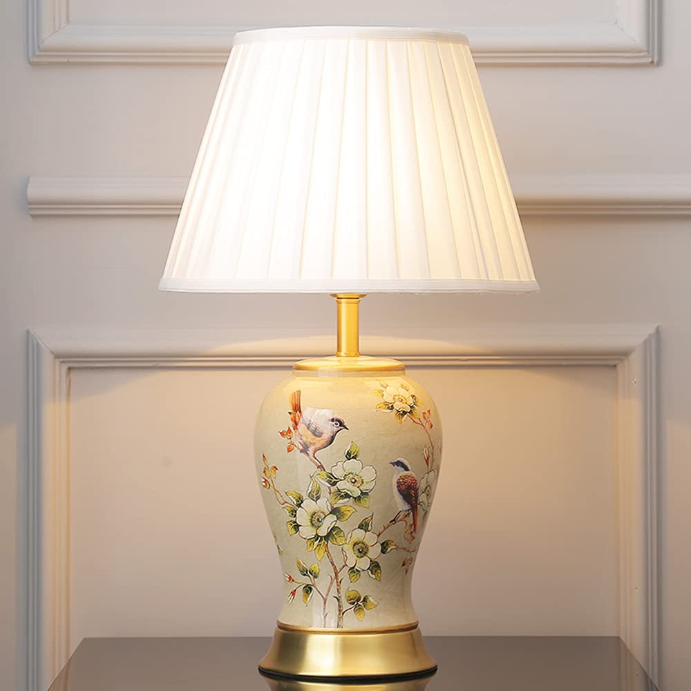 Hand-Painted Chinese Ceramic Table Lamp with Flowers & Birds Design - 55x33cm Modern Porcelain Nightstand Lamp for Living Room, Bedroom & Office Decor