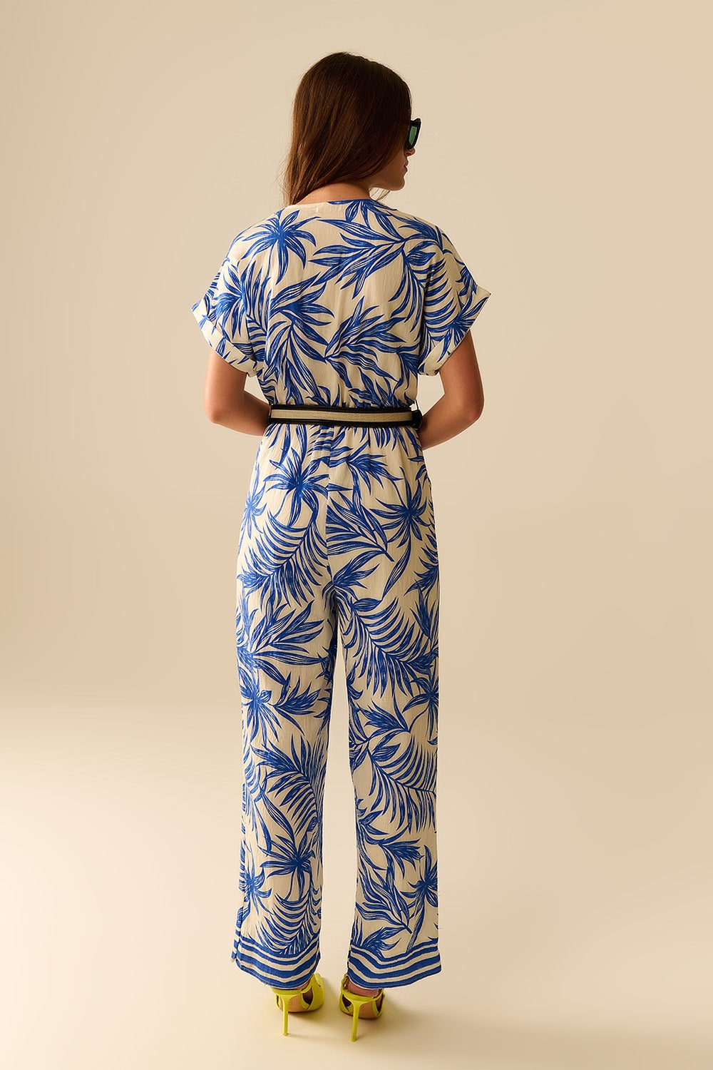 Short Sleeve Tropical Print Blue and White Jumpsuit - Perfect for Beach Vacations, Summer Outings & Casual Wear