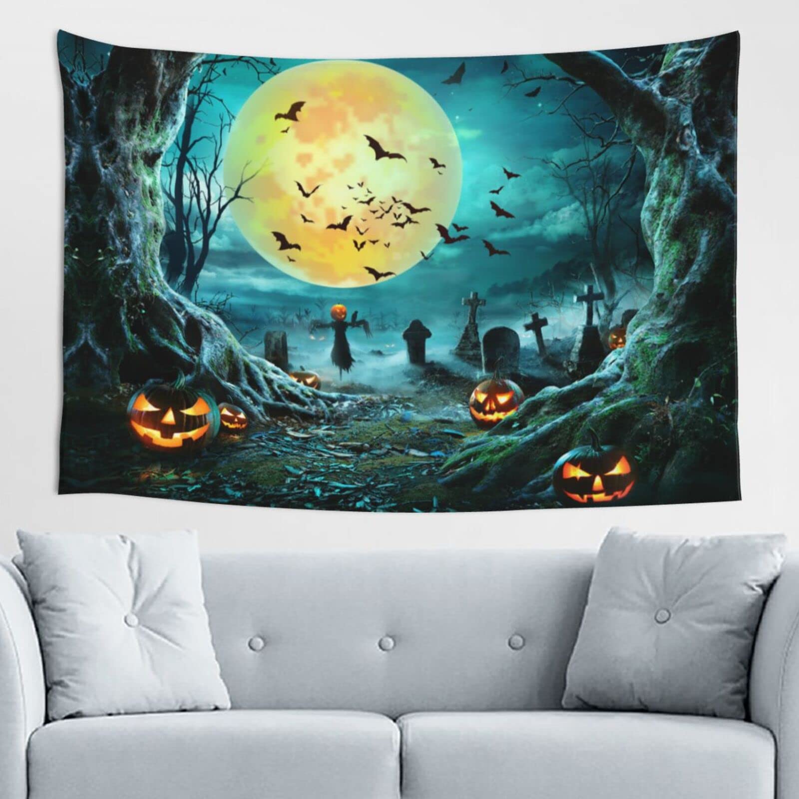 Vthxloi Halloween Tapestry Wall Decor - Spooky Moon & Pumpkin Design Hippie Aesthetic Wall Hanging for Dorm, Bedroom, Living Room (60x40 Inches) - Perfect for Halloween Party Decorations & Boho Home Decor