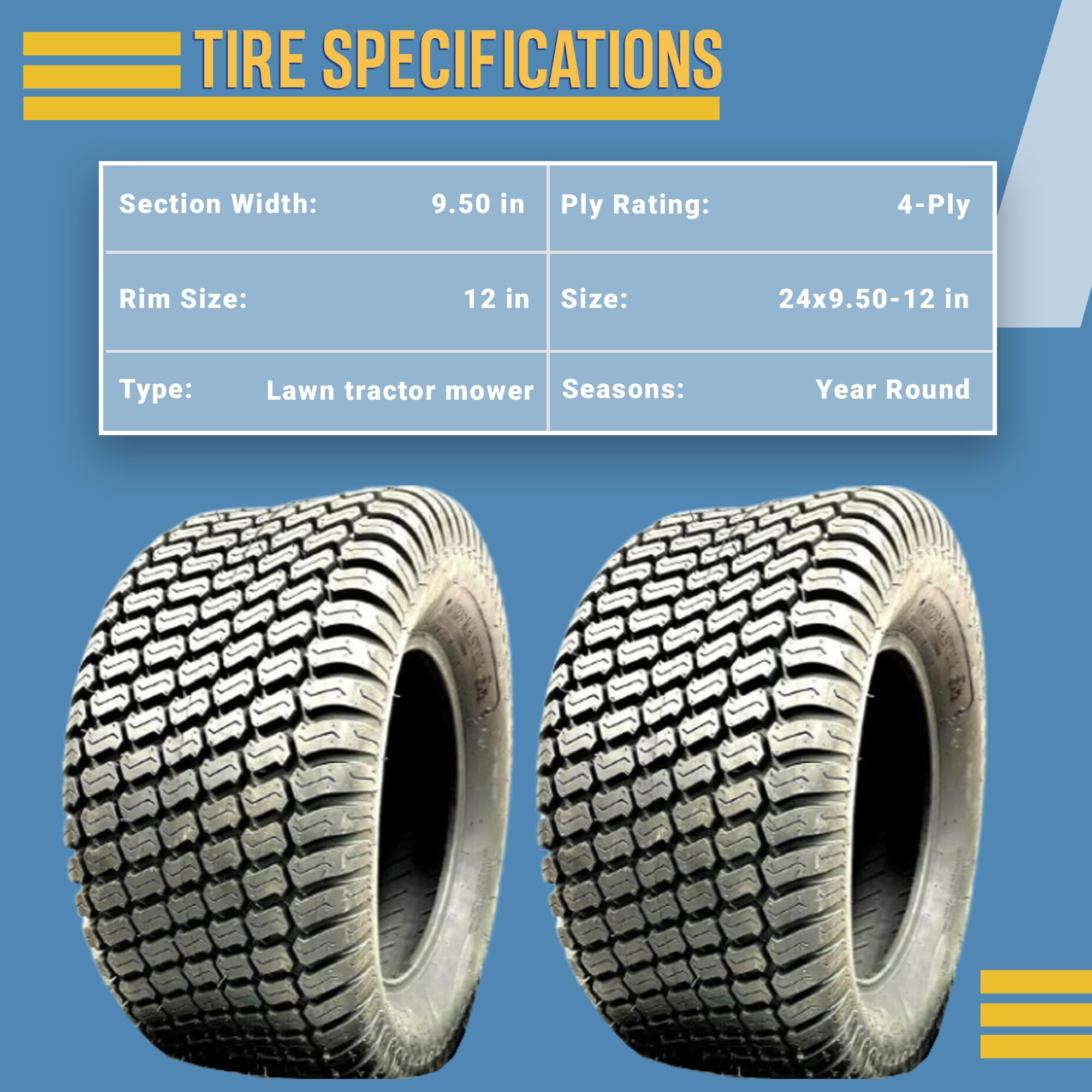 Heavy Duty 24x9.50-12 Tubeless Lawn Tractor Tires - Pair of 2, Fits 24x950-12 Rims, Replacement for Enhanced Traction & Stability - Perfect for Mowing, Landscaping & Yard Maintenance