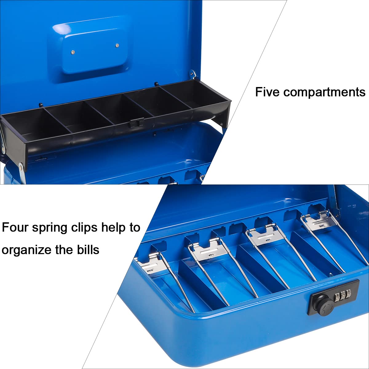 Durable Metal Cash Box with Key Lock & Money Tray - Secure Cash Storage Safe with Security Cable for Home, Office & Retail Use (Blue)