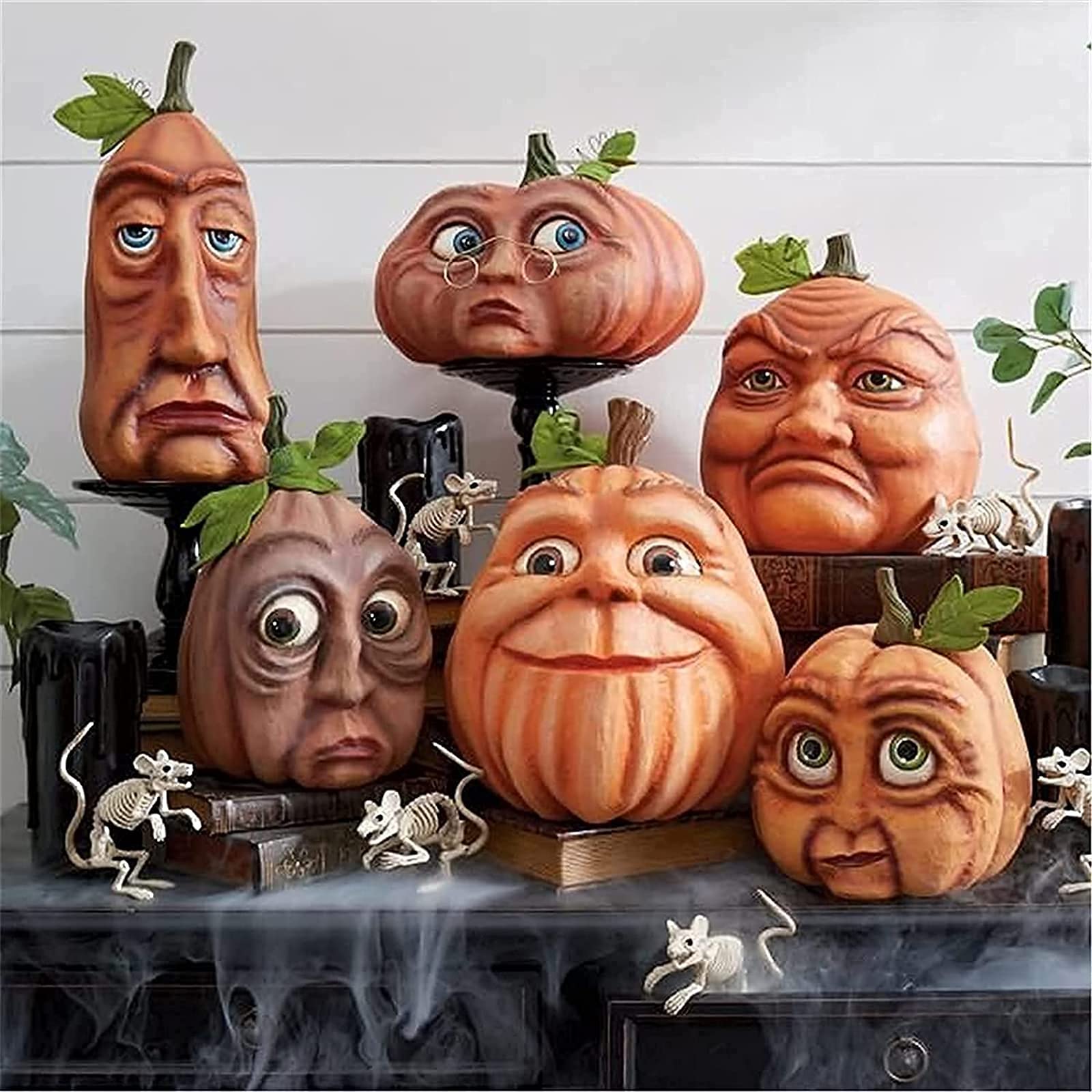 AZURES Expressive Pumpkin Family Set - 6 Unique Halloween Pumpkin Figurines (Including Edgar) for Lantern Displays, Venue Decor & Spooky Home Decoration | Perfect for Halloween Parties, Porch Displays & Autumn Festival Decorations