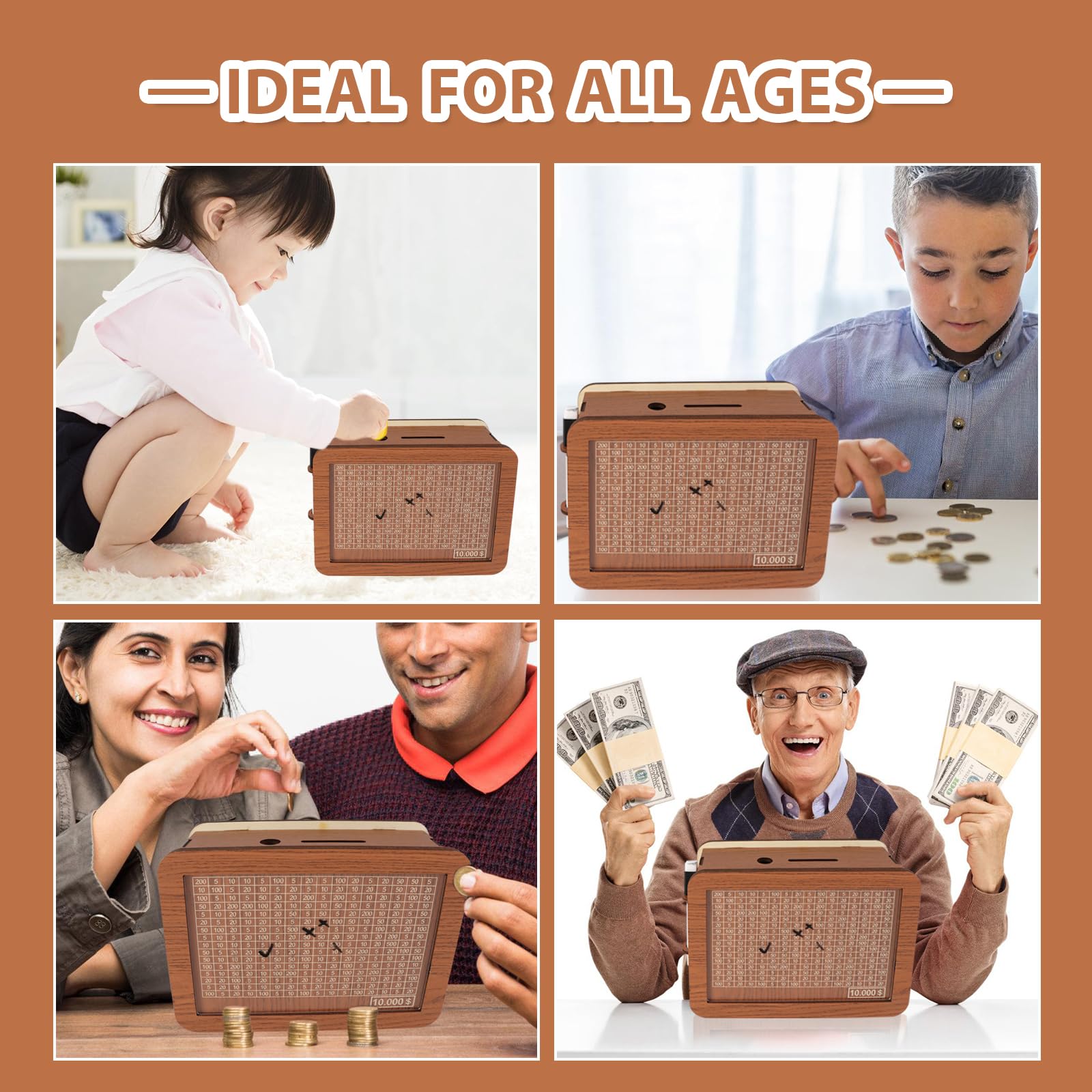 Wooden Cash Vault Savings Box with Money Target & Numbers - $10,000 Savings Challenge for Kids & Adults | Piggy Bank Alternative for Home, Office & Gift Giving