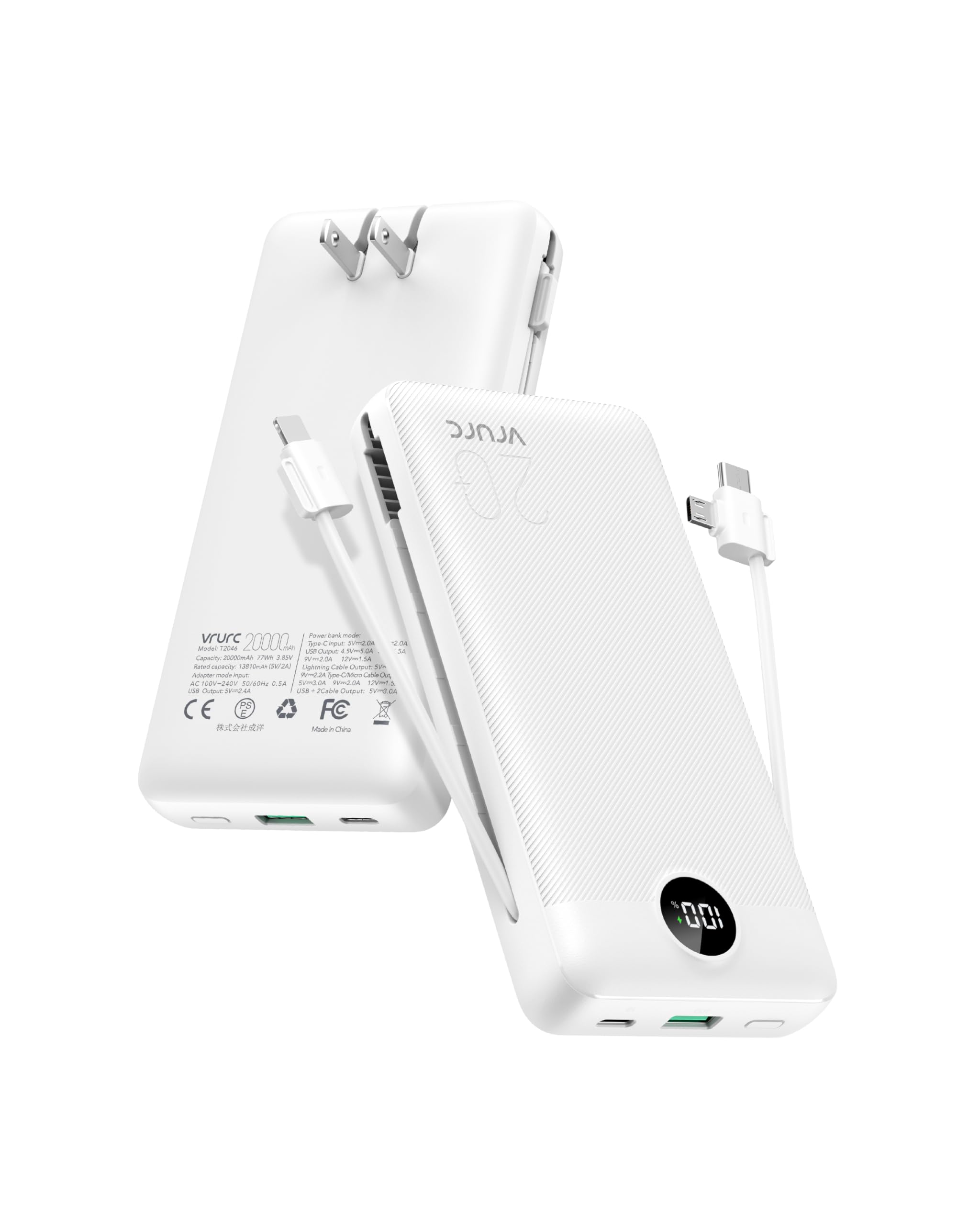 VRURC 20000mAh Power Bank with Fast Charging, USB C Portable Charger - 4 Outputs & 2 Inputs, Built-in Wall Plug & Cables, LED Display - Perfect for Travel, Camping, and Emergency Phone Charging (White)