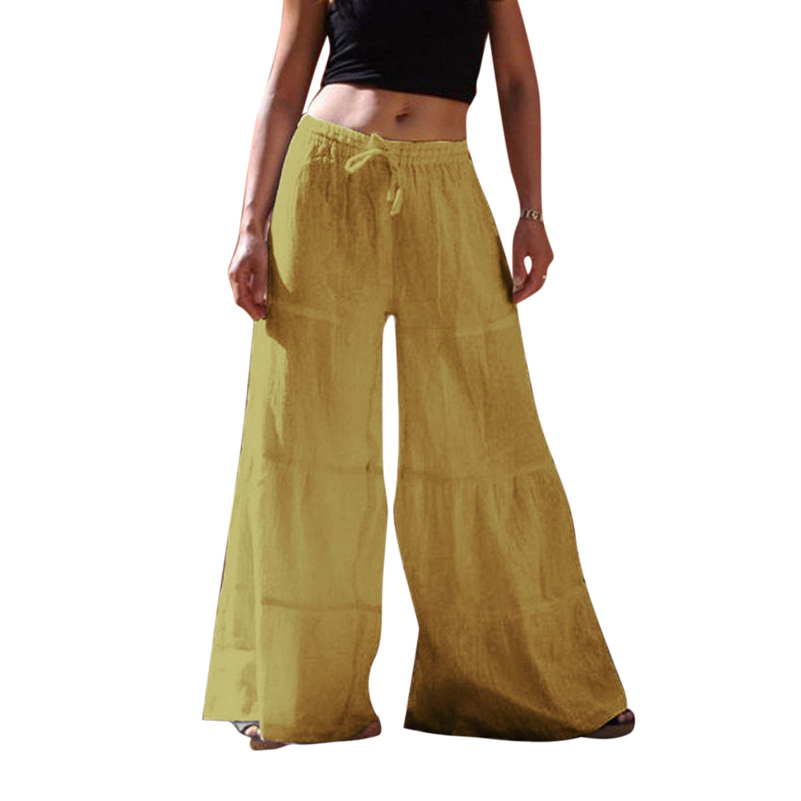 iOPQO Women's Summer Cotton Linen Casual Loose Wide Leg Pants with Drawstring - Black & Yellow Sweatpants (XL) - Perfect for Beach, Yoga, and Lounge Wear