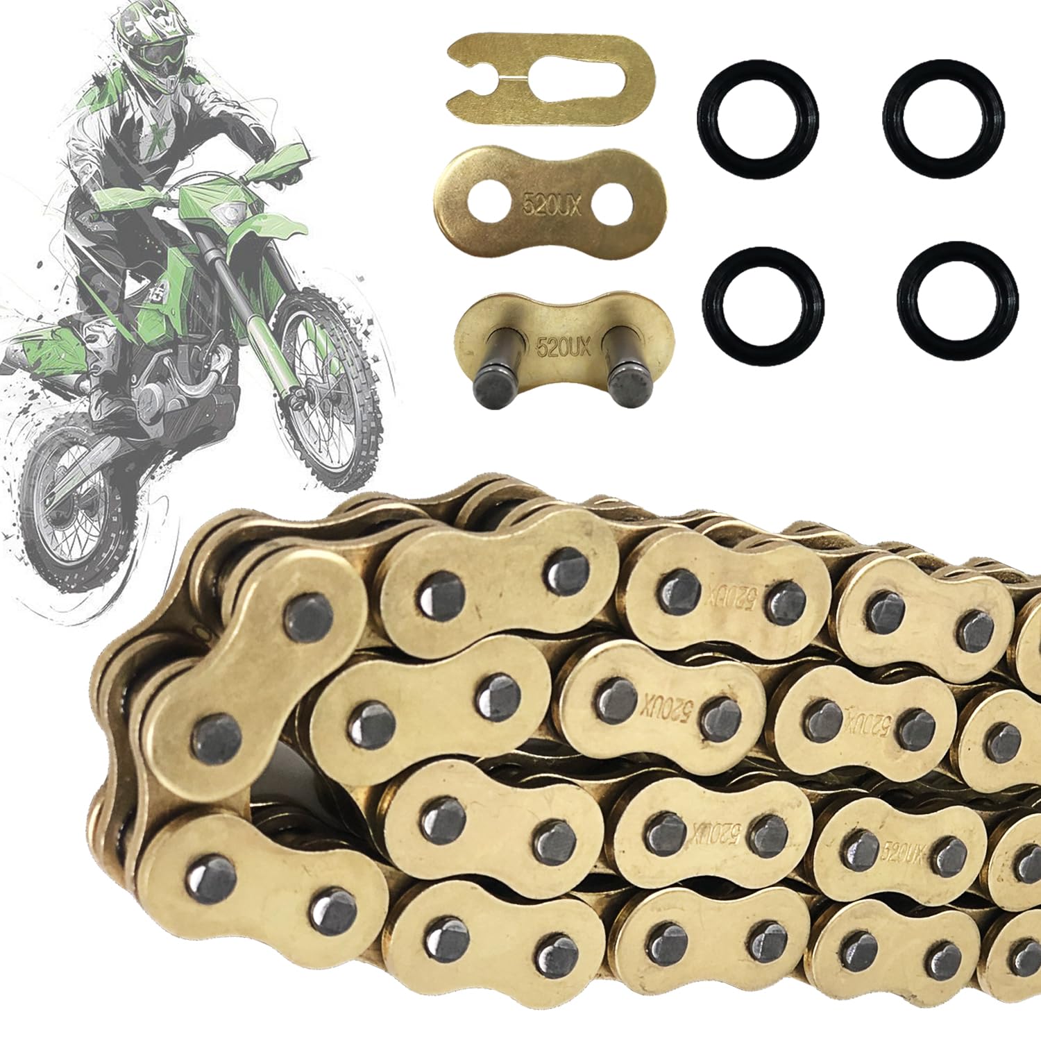520 X-Ring Chain - 116 Links Heavy Duty Gold Motorcycle Chain with Master Link - Perfect for Dirt Bikes, Cruisers & Off-Road Riding