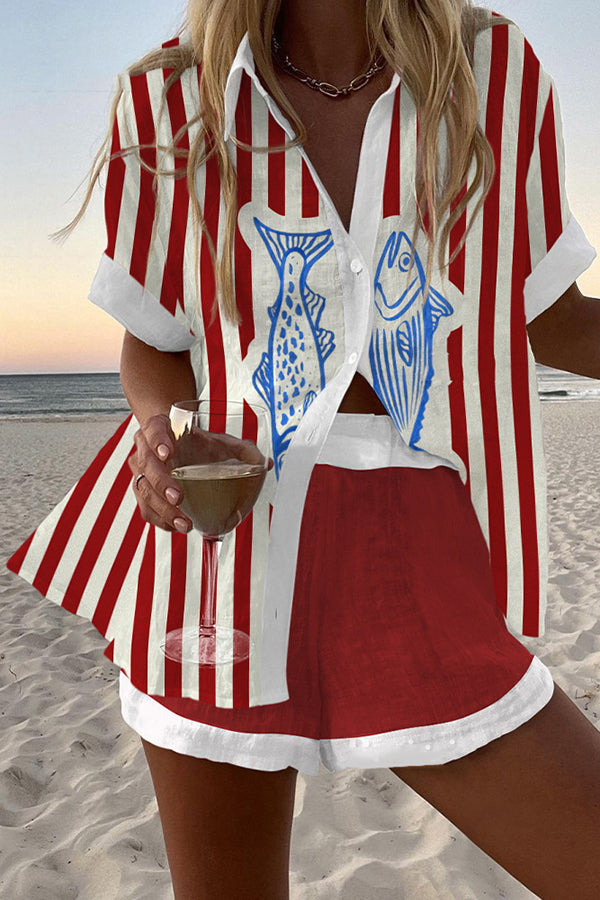 Stylish Striped Fish Print Loose Button Elastic Waist Shorts Set for Women - Summer Casual Outfit, Beach Vacation, and Streetwear Fashion