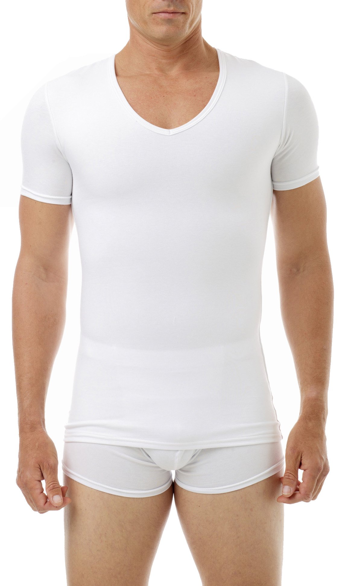 Underworks Cotton Concealer Compression V-Neck T-Shirt 3-Pack for Men - Breathable Slim Fit Undershirts for Post-Surgery, Gynecomastia & Everyday Comfort