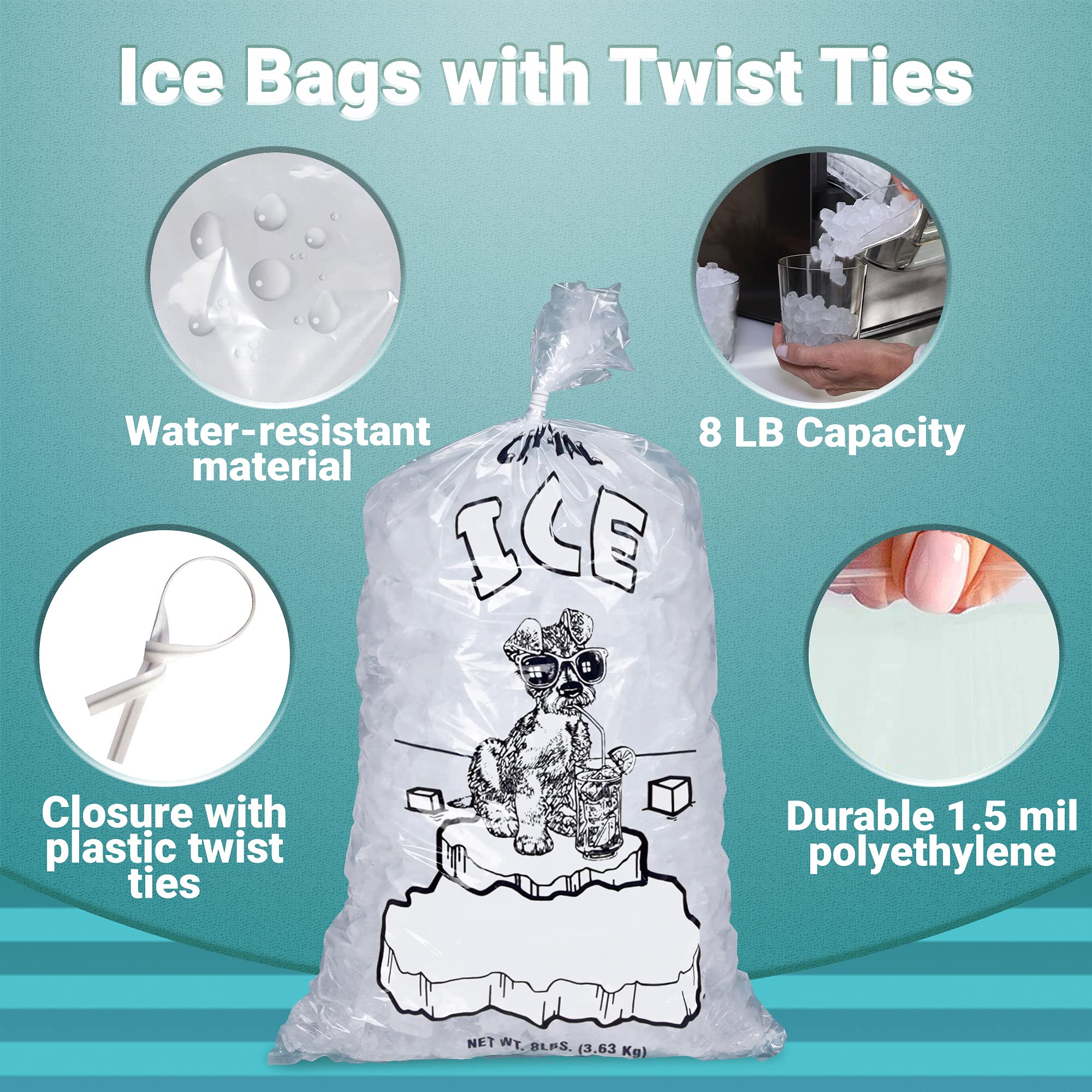 APQ 1000 Pack 10x20 Open Top Ice Bags with Twist Ties - 1.5 Mil Thick BPA Free Food Grade Plastic - Crystal Clear Printed Ice Bags (8 lbs) - Perfect for Party Coolers, Commercial Ice Machines & Food Storage