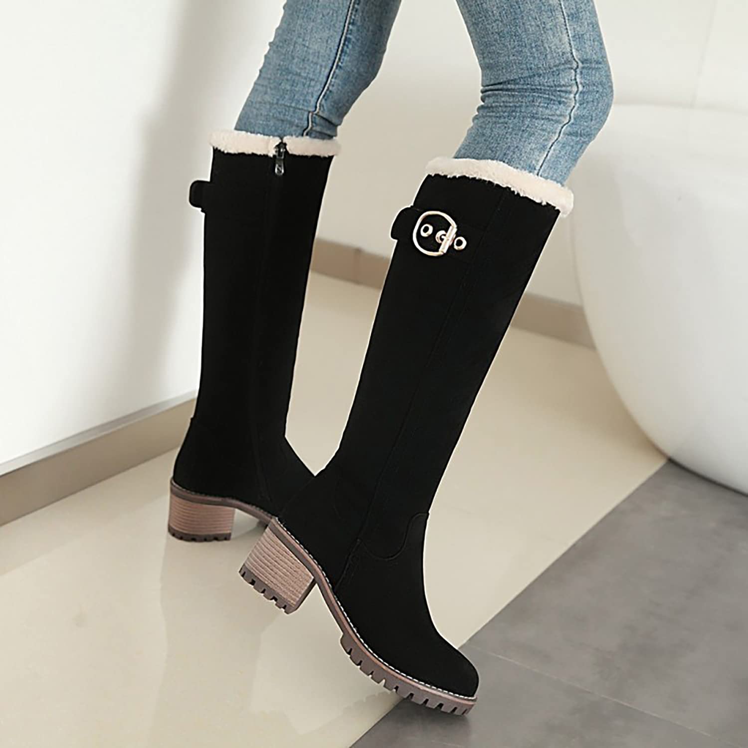 Viuluti Women's Winter Knee High Snow Boots - Warm Fur Lined Nubuck Leather Waterproof Tall Boots with Chunky Heel for Snowy Days, Outdoor Activities & Fashion Winter Wear