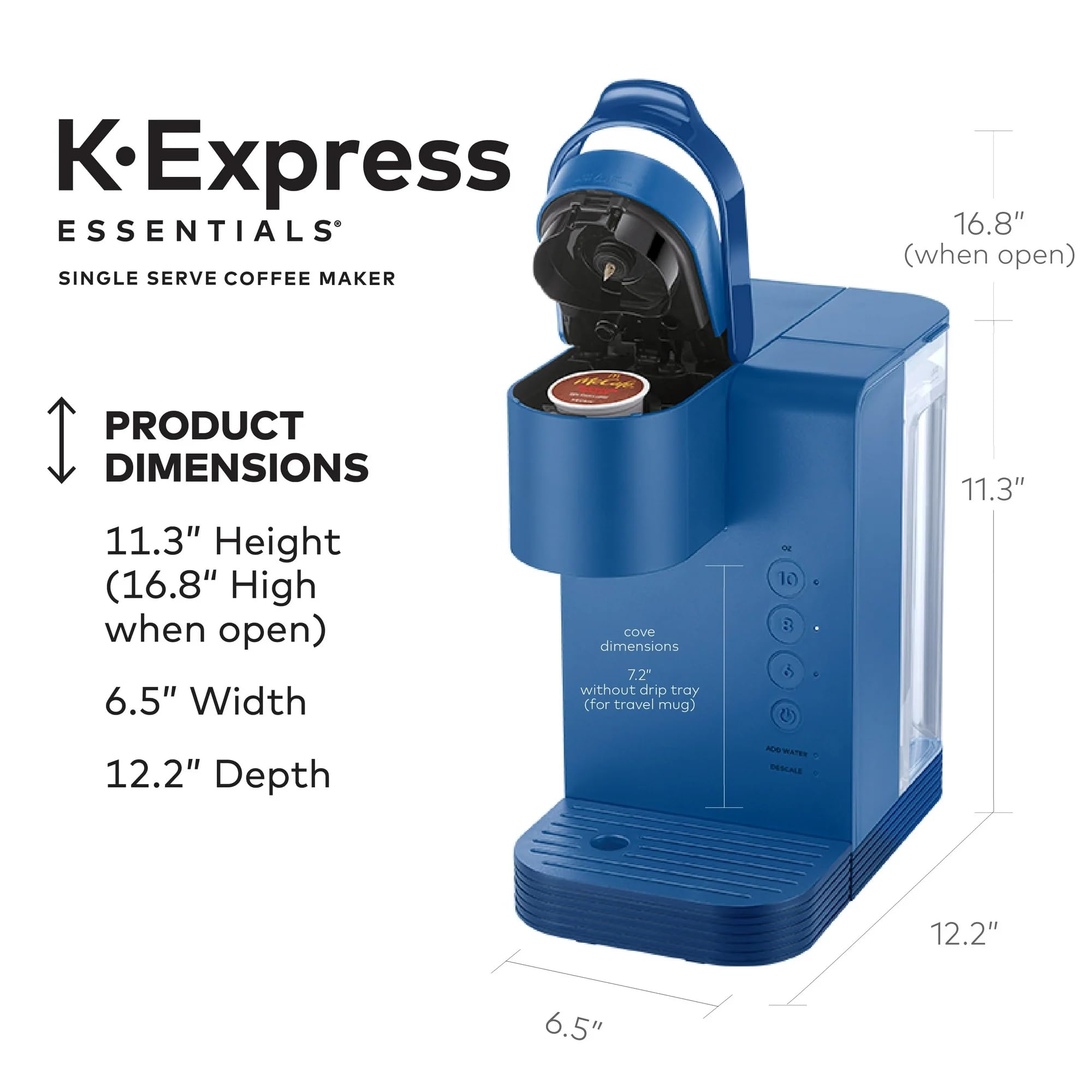 **K-Express Essentials Single Serve Coffee Maker - Compact K-Cup Pod Machine with 36 oz Water Reservoir, Fast Brewing & Travel Mug Compatible - Perfect for Home, Office & Travel (Navy Blue)**    *(Use Cases: Enjoy fresh coffee at home, in small offices, dorm rooms, or while traveling with this portable and space-saving coffee maker.)*