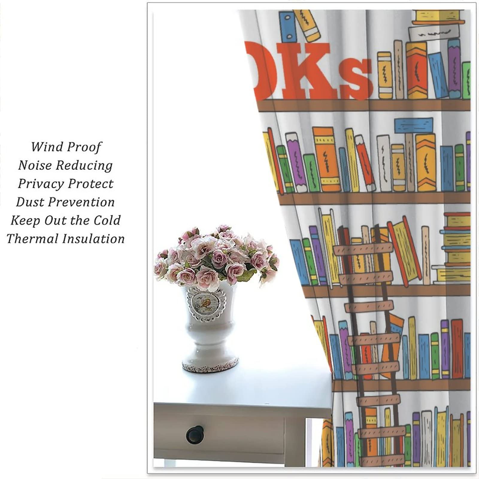 Modern Bookshelf Blackout Curtains - 42x45 Inch Jacquard Library Ladder Design for Kids Room & Bedroom Decor - Perfect for Reading Nooks, Study Areas, and Nursery Blackout Solutions