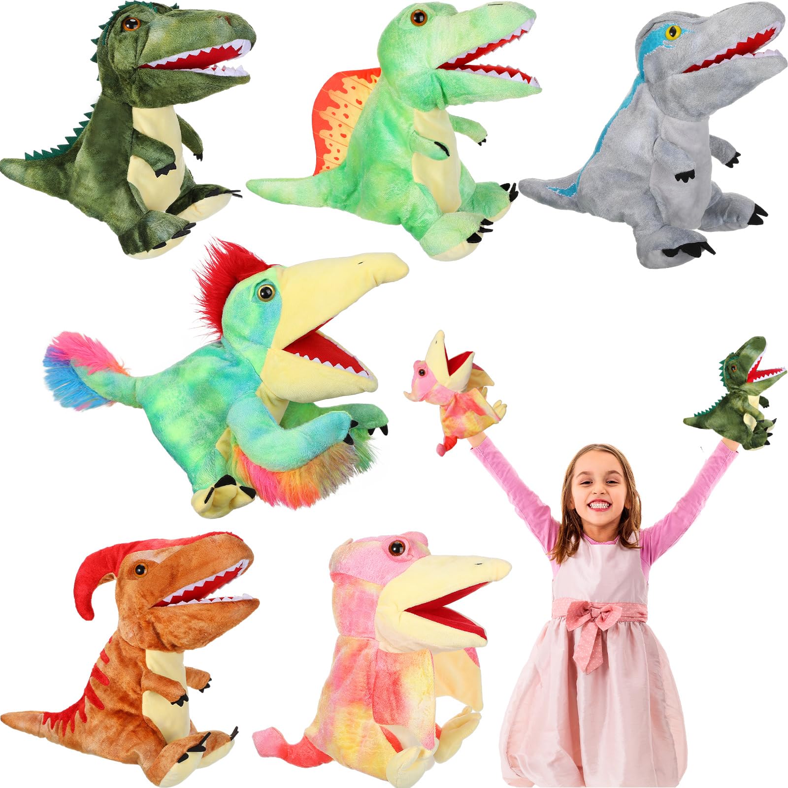 6 Pack Soft Dinosaur Hand Puppets - Plush Stuffed Animal Toys for Kids, Boys & Girls - Interactive Role Play, Storytelling & Stage Performance - Perfect for Classroom, Birthday Parties & Pretend Play