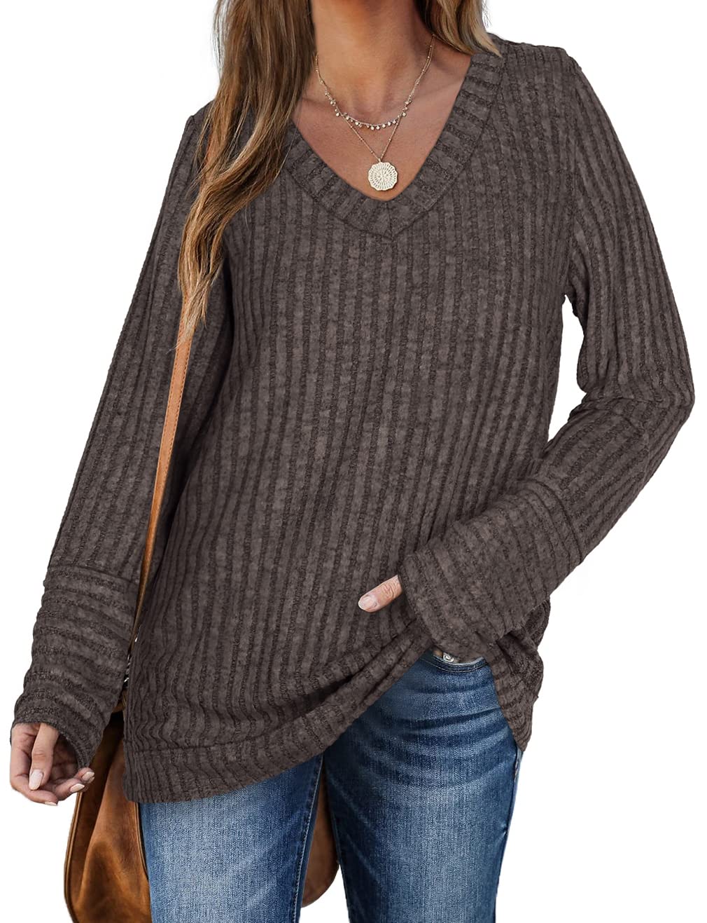 WIHOLL Women's Long Sleeve V-Neck Sweater - Soft Solid Color Knit Top for Fall & Winter | Casual Office Wear, Date Night Outfits, Layering Essentials