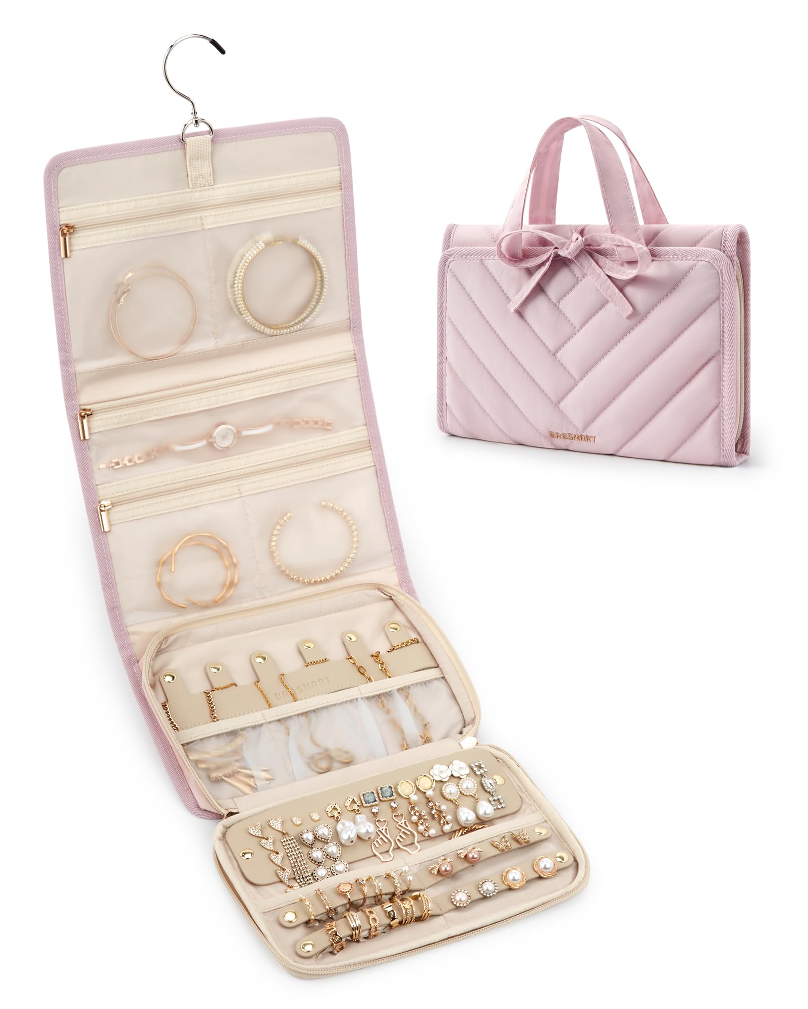 BAGSMART Travel Jewelry Organizer - Large Hanging Roll Jewelry Case with Zipper Pockets for Rings, Necklaces, Earrings & Bracelets | Portable Jewelry Storage for Women | Perfect for Travel, Vacation & Business Trips (Pink)