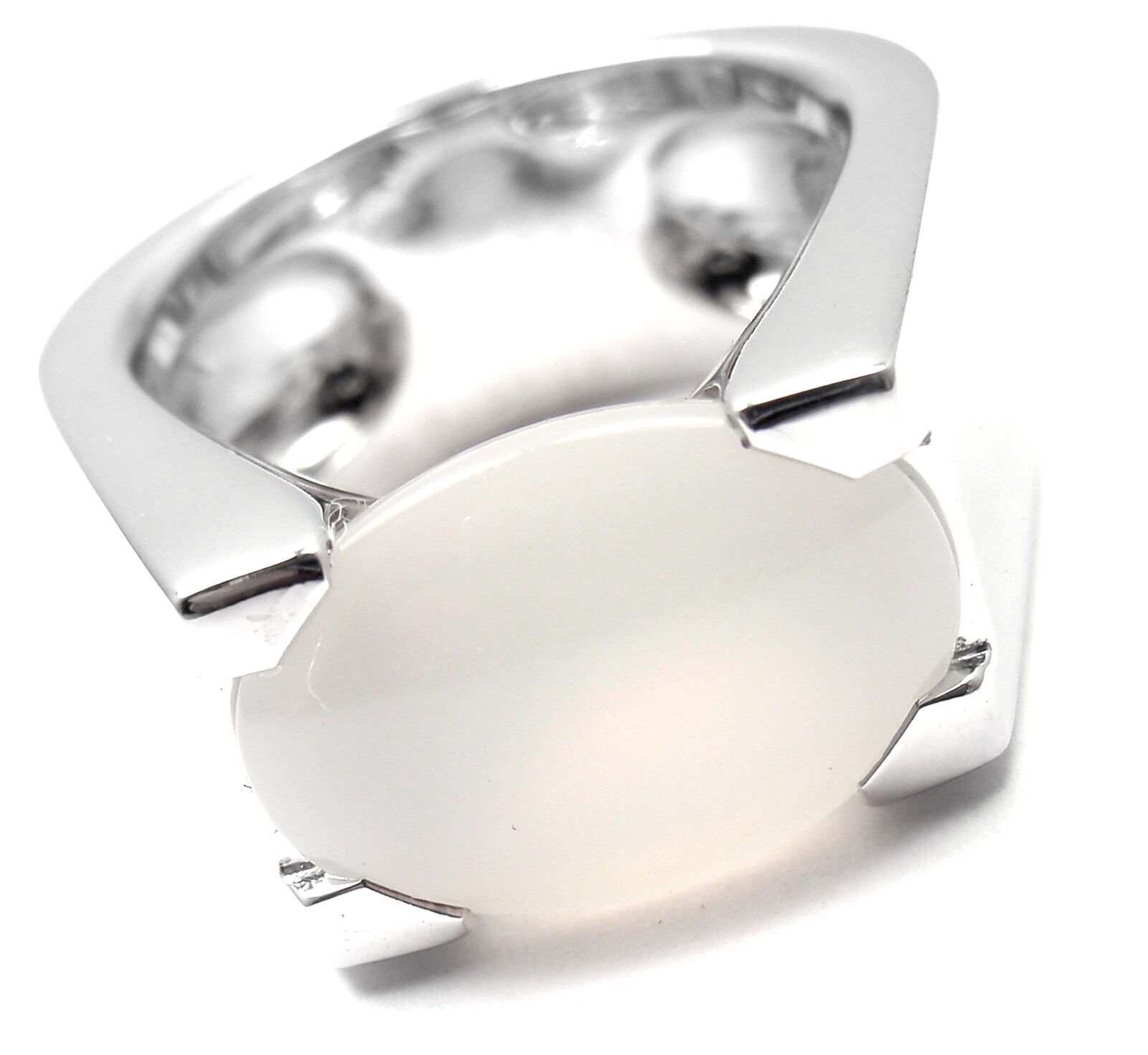 Authentic Cartier 18K White Gold Moonstone Ring - Size 50 (US 5.25) - Luxury Jewelry for Weddings, Anniversaries & Special Occasions