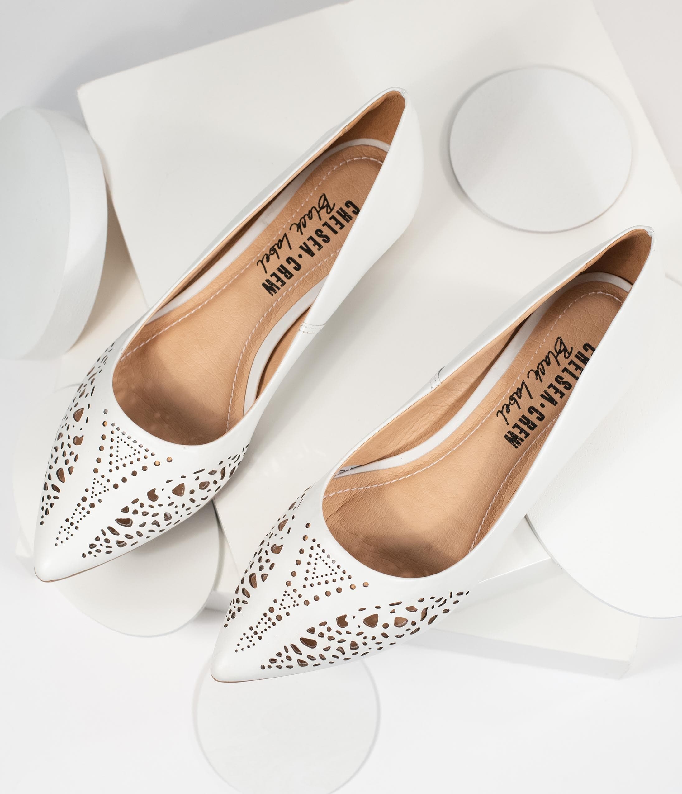 Chelsea Crew Women's White Cutout Leather Sofia Ballet Flats - Comfortable & Stylish for Work, Casual Outfits & Everyday Wear