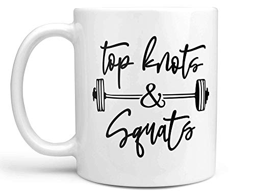 Top Knots and Squats Gym Coffee Mug - Funny Workout Motivational Cup for Fitness Lovers - Perfect Gift for Yoga, CrossFit & Gym Enthusiasts - Ideal for Home, Office & Post-Workout Hydration