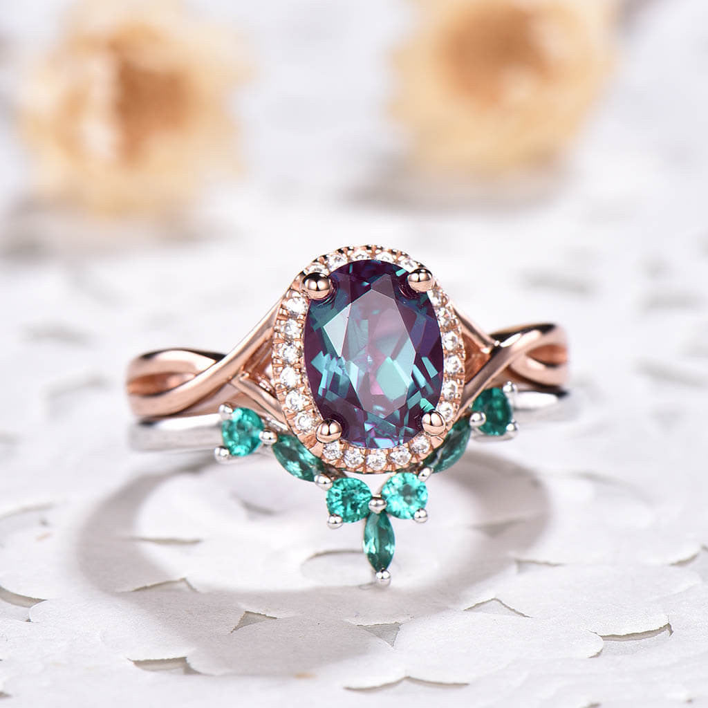 Infinity Alexandrite Engagement Ring Set with Lab-Grown Emerald Curved Matching Band - 2 Piece Bridal Jewelry Set for Weddings, Anniversaries & Special Occasions