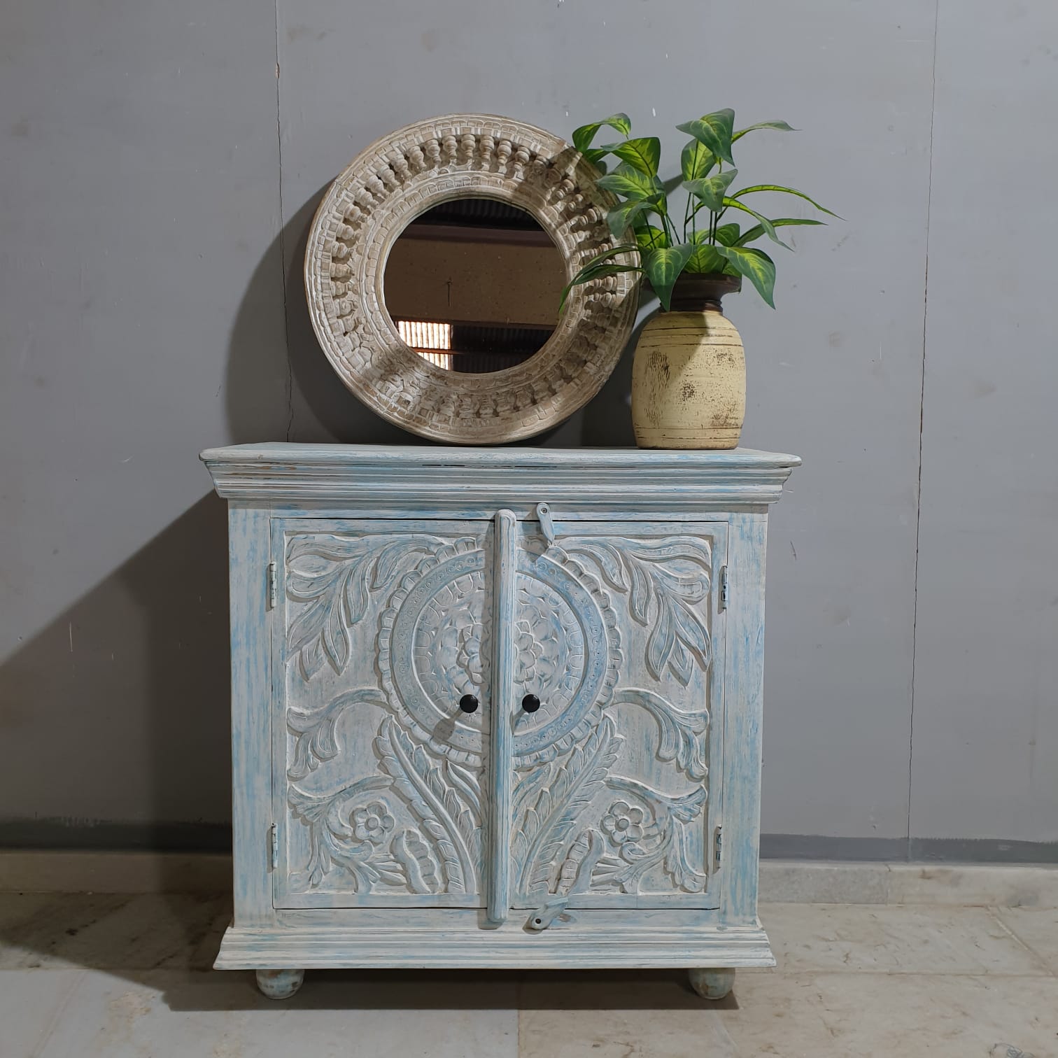 Handmade Carved Indian Solid Mango Wood Cabinet - 2 Door Bluewash Storage Furniture for Living Room, Bedroom & Entryway Decor