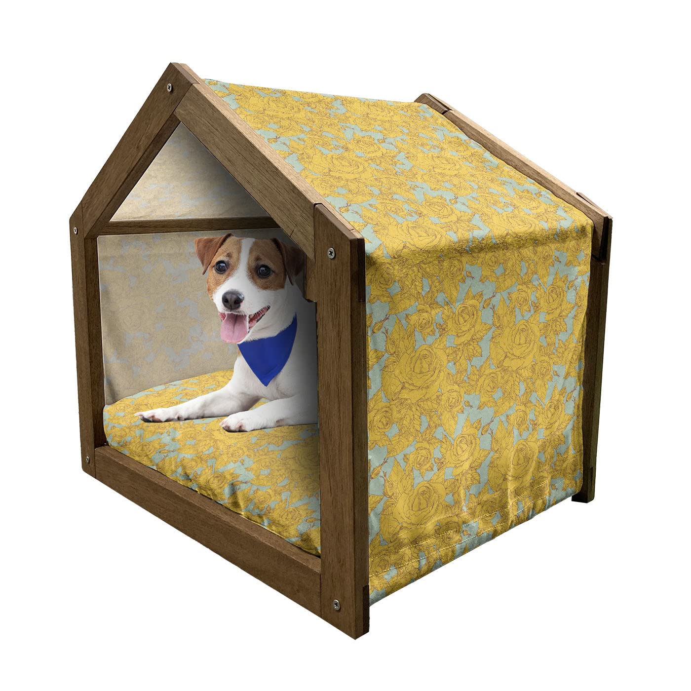 Ambesonne Botanical Wooden Dog House - Sketch Style Romantic Spring Bouquet Pet Kennel with Pillow & Cover - Indoor/Outdoor Portable Medium Dog House in Pale Green & Yellow - Perfect for Backyard, Patio & Home Decor