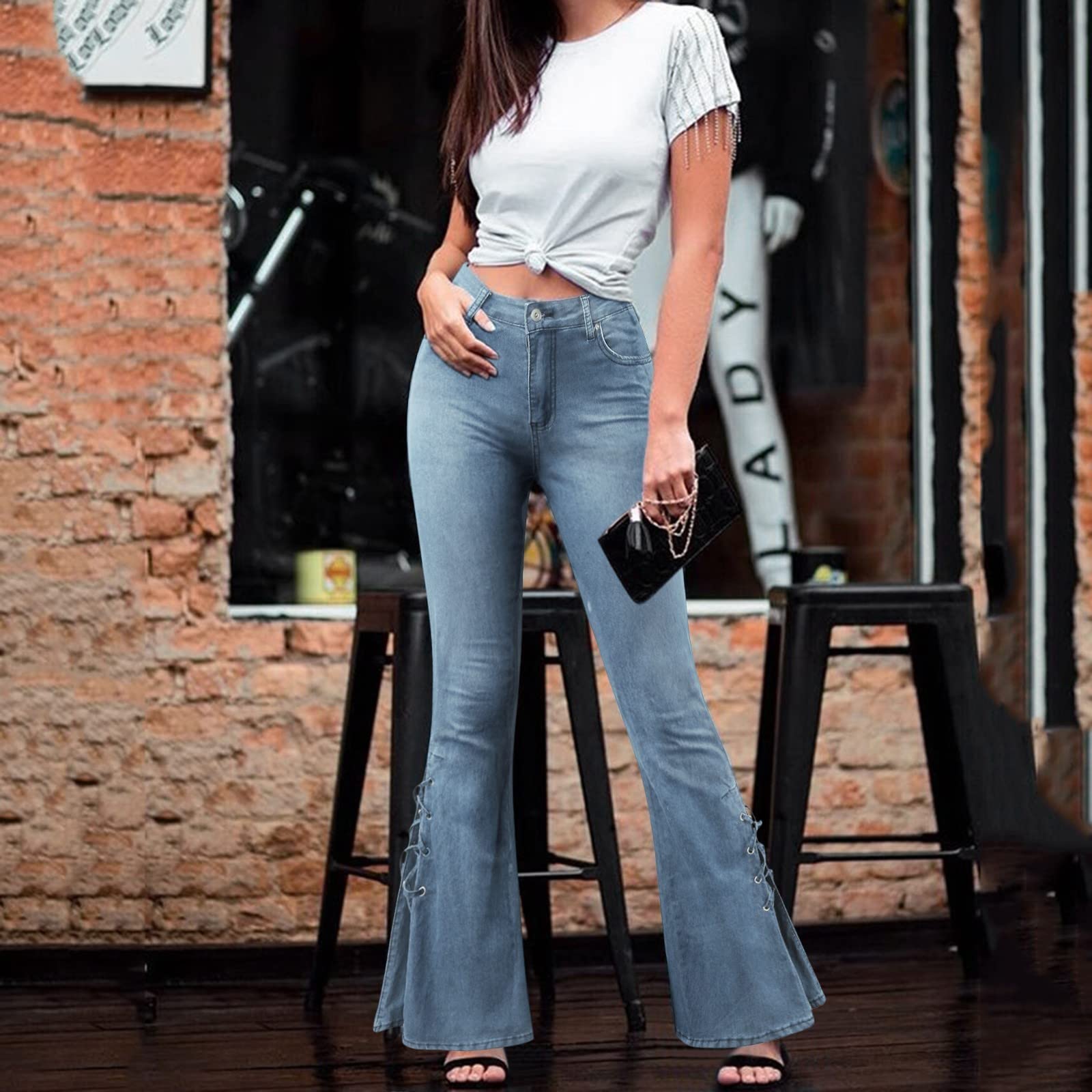 Vintage Women's Ripped Flare Jeans - Mid Waist Stretch Denim Pants for Streetwear & Casual Outfits