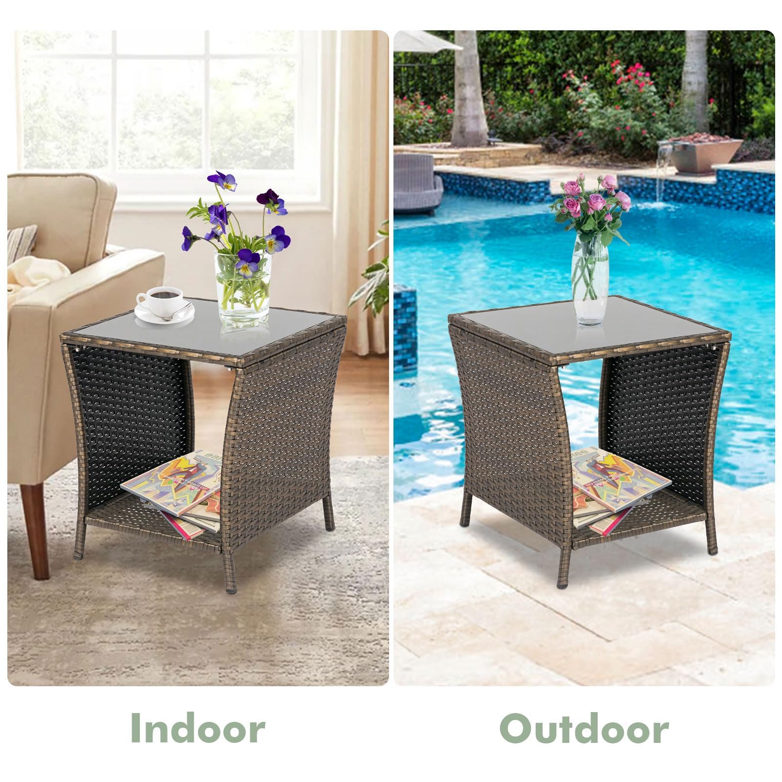 Kinbor Outdoor Side Table - Small Wicker End Table for Porch, Patio, Backyard & Poolside | Weather-Resistant & Easy Maintenance Gold Accent | Perfect for Lounge Chairs, Sunbathing & Outdoor Entertaining