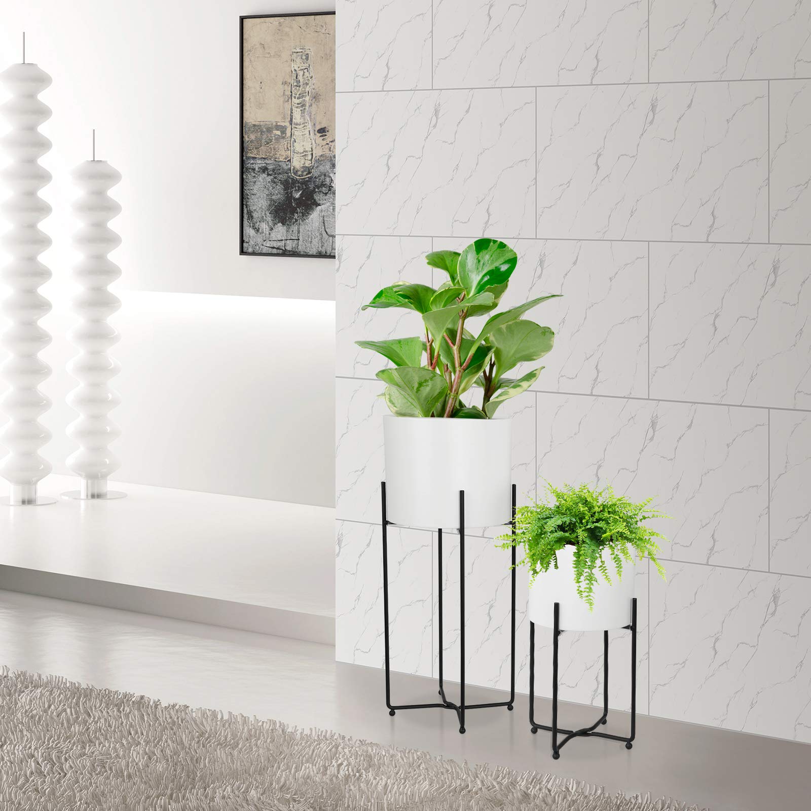 **Sinolodo Mid Century Modern Planters Set - 3-Piece Metal Floor Planter with Gold Foldable Stand for Indoor Plants (White Pot, Black Stand, 9''+8''+7'') - Perfect for Living Room, Office & Home Decor**