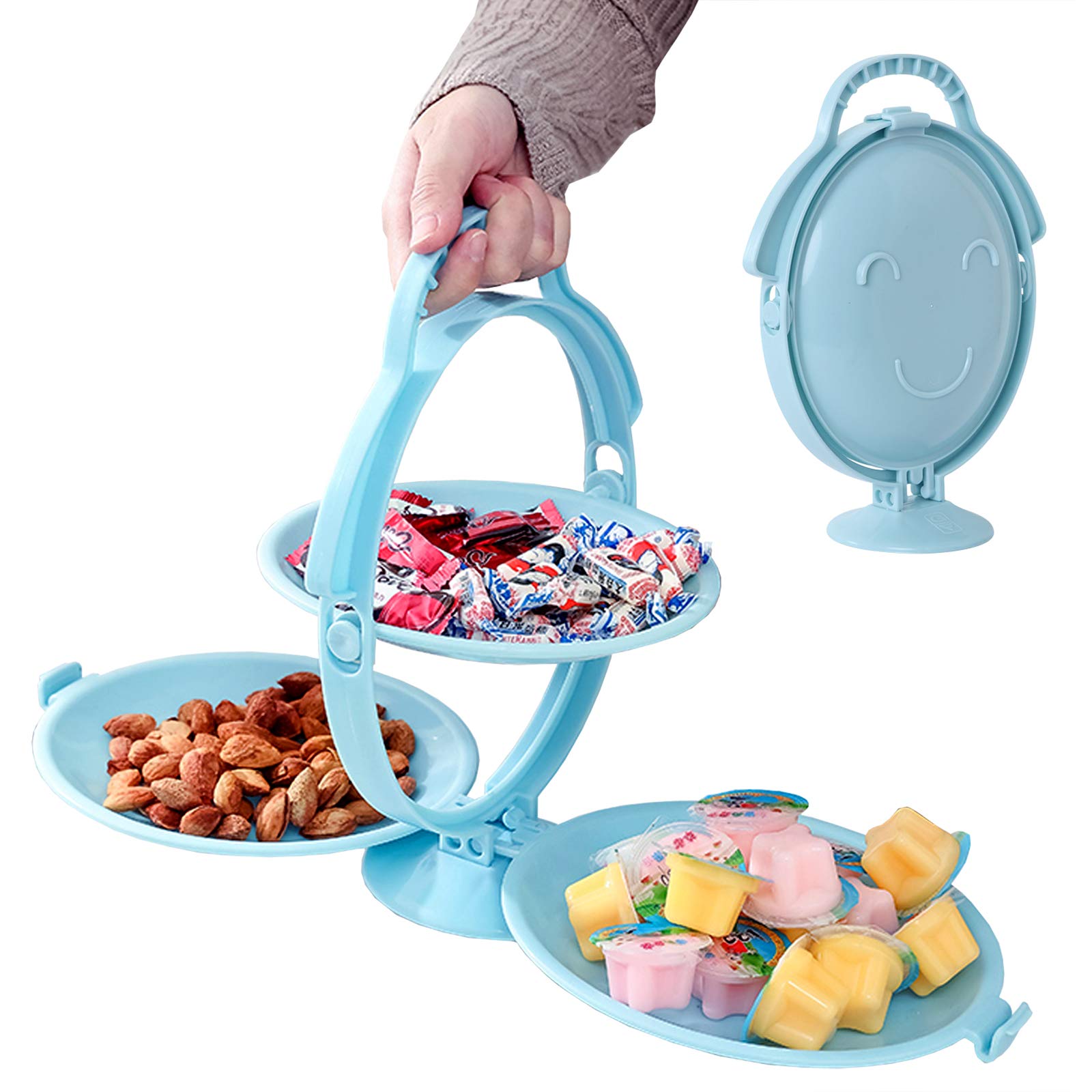 3-Tier Folding Serving Tray with Handles - Creative Snack Platter for Parties, Cupcake Stand, Candy Dish, Fruit & Cookie Display - Durable Plastic for Indoor/Outdoor Use - Perfect for Christmas, Camping & Travel (Blue)