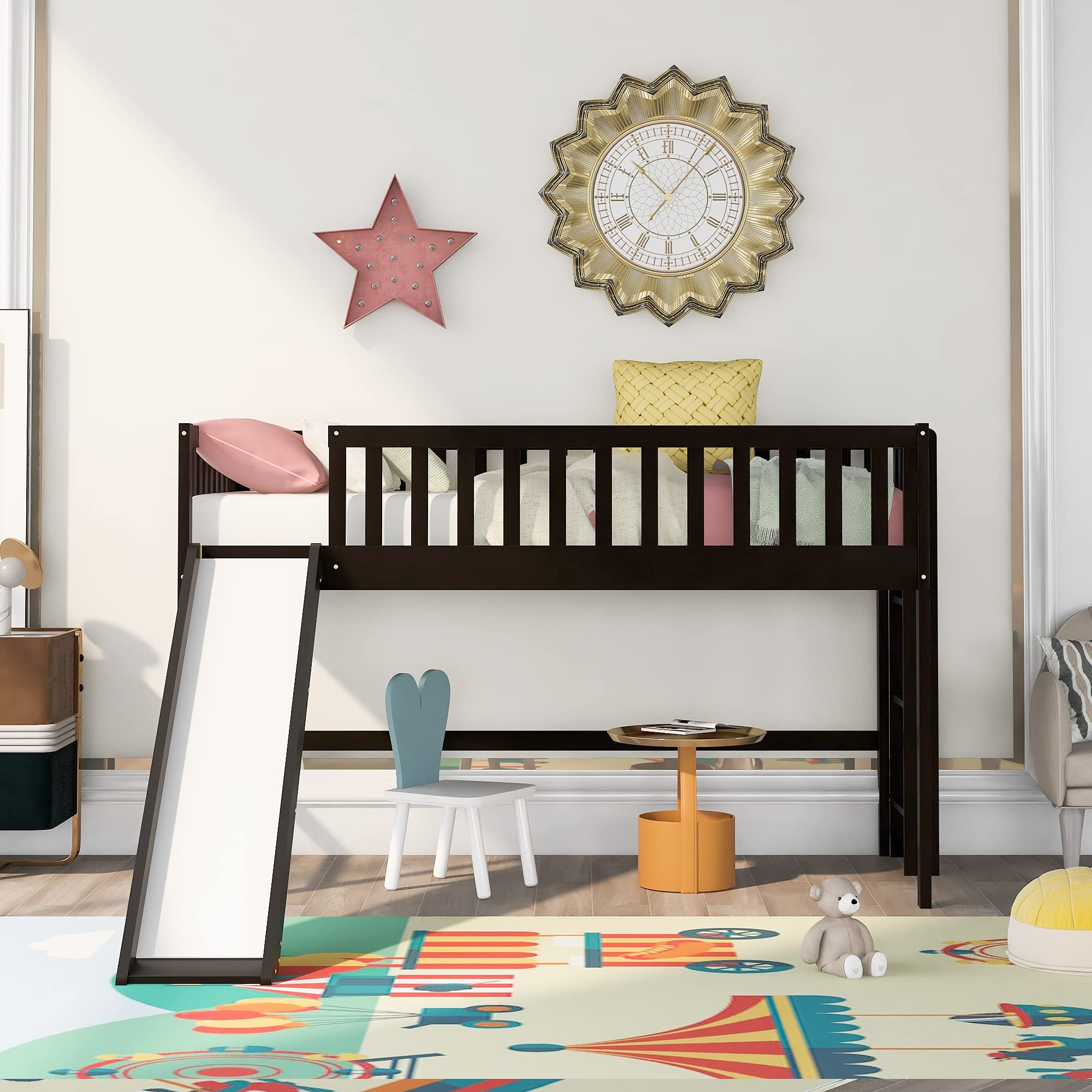 Twin Size Low Loft Bed with Ladder and Slide - Solid Wood Loft Bed Frame for Kids, Teens & Toddlers - Low Profile Mini Loft Bed with Safety Rails (Espresso & Pine Wood) - Perfect for Small Bedrooms, Playrooms & Dorm Rooms