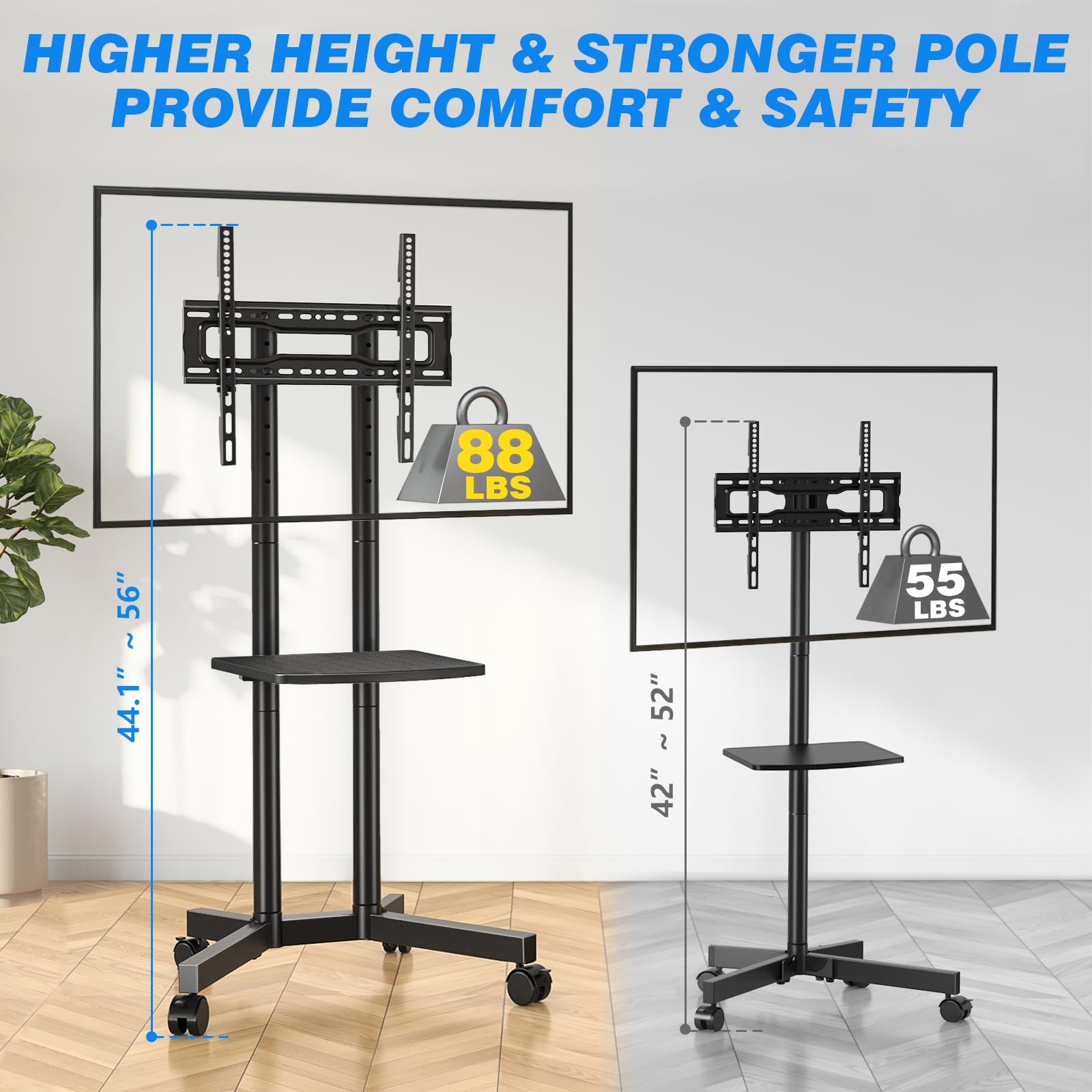 **RFiver Rolling TV Stand with Laptop Shelf – Height Adjustable Mobile TV Cart for 32-70 Inch TVs (Up to 88lbs) – Upgraded Wheels for Smooth Mobility – Perfect for Home, Office & Outdoor Use**