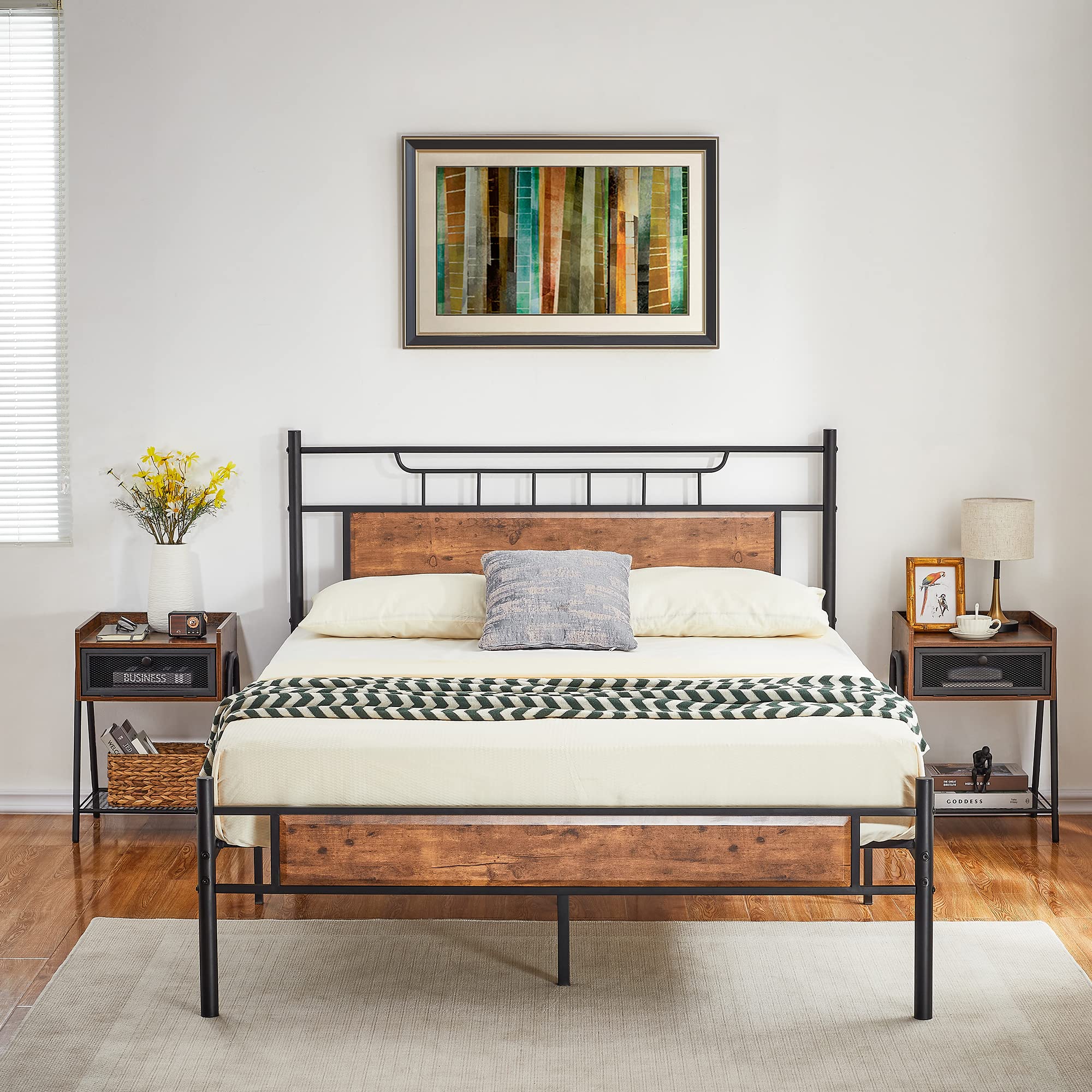 Rustic Brown Full Size Bed Frame with Headboard - Sturdy Metal Slats, Anti-Slip Support & Noise-Free Design for Bedroom