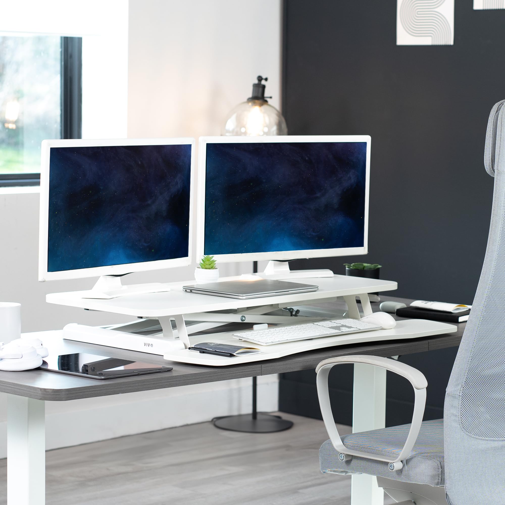 VIVO K Series 36 Inch Height Adjustable Sit Stand Desk Converter - Dual Monitor & Laptop Workstation with Wide Keyboard Tray, White (DESK-V036KW) - Perfect for Home Office, Gaming Setup & Ergonomic Workspace