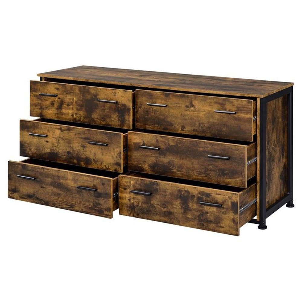 Acme Juvanth 6-Drawer Wooden Dresser with Sturdy Metal Legs - Rustic Oak & Black Finish - Perfect for Bedroom Storage, Living Room Organization & Dorm Room Essentials