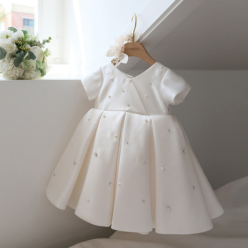 White Satin Princess Flower Girl Dress with Ruffle Detail - Perfect for Weddings, Baptisms & Special Occasions