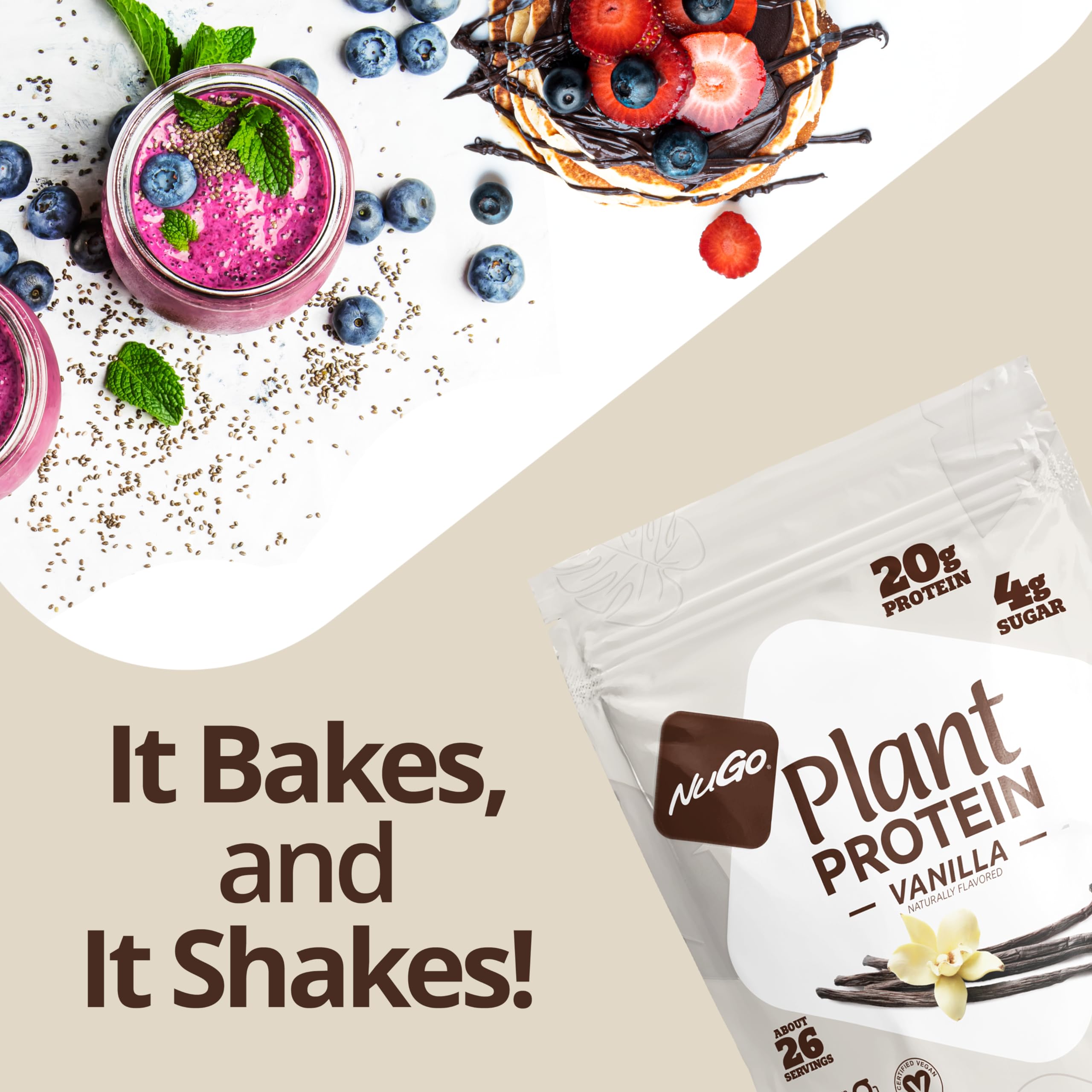 NuGo Vanilla Plant Protein Powder - 20g Vegan Pea Protein, Low Sugar, Gluten Free, Dairy Free, Soy Free, Non-GMO, Kosher Certified - Perfect for Smoothies, Shakes & Post-Workout Recovery (26 Servings)