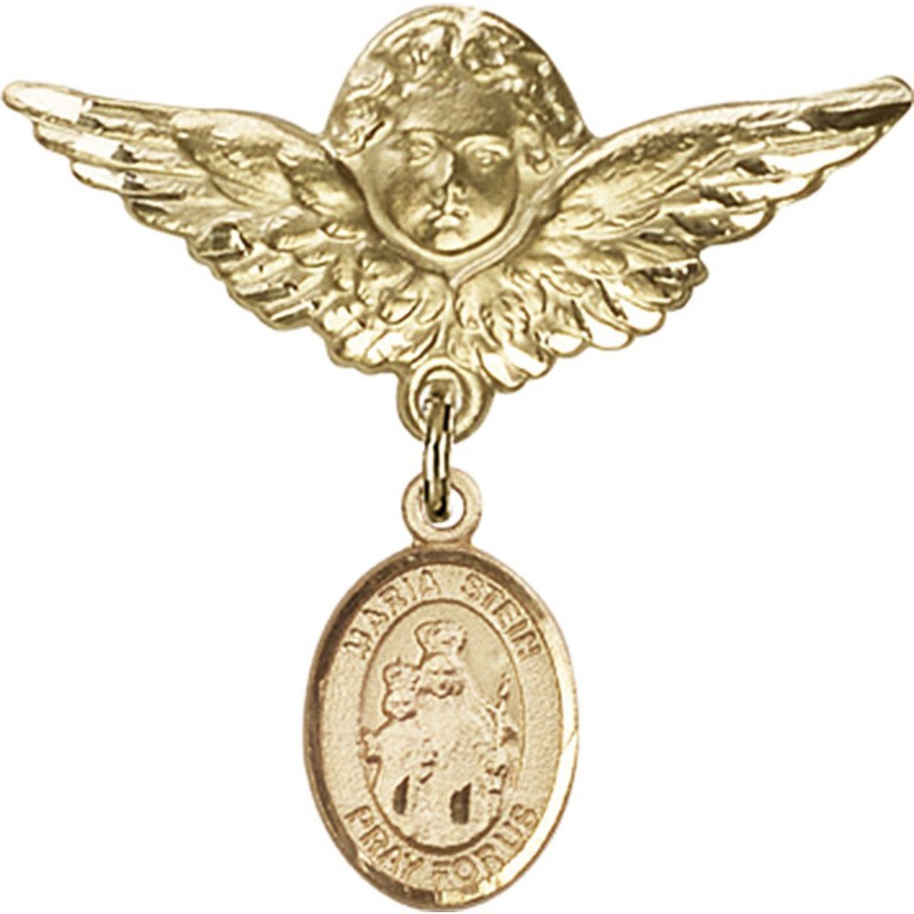 Gold Filled Baby Badge with Maria Stein Charm & Angel Wing Pin - 1 1/8 X 1 1/8 Inch Religious Jewelry - Perfect for Christening Gifts, Baby Blessings & Baptism Keepsakes
