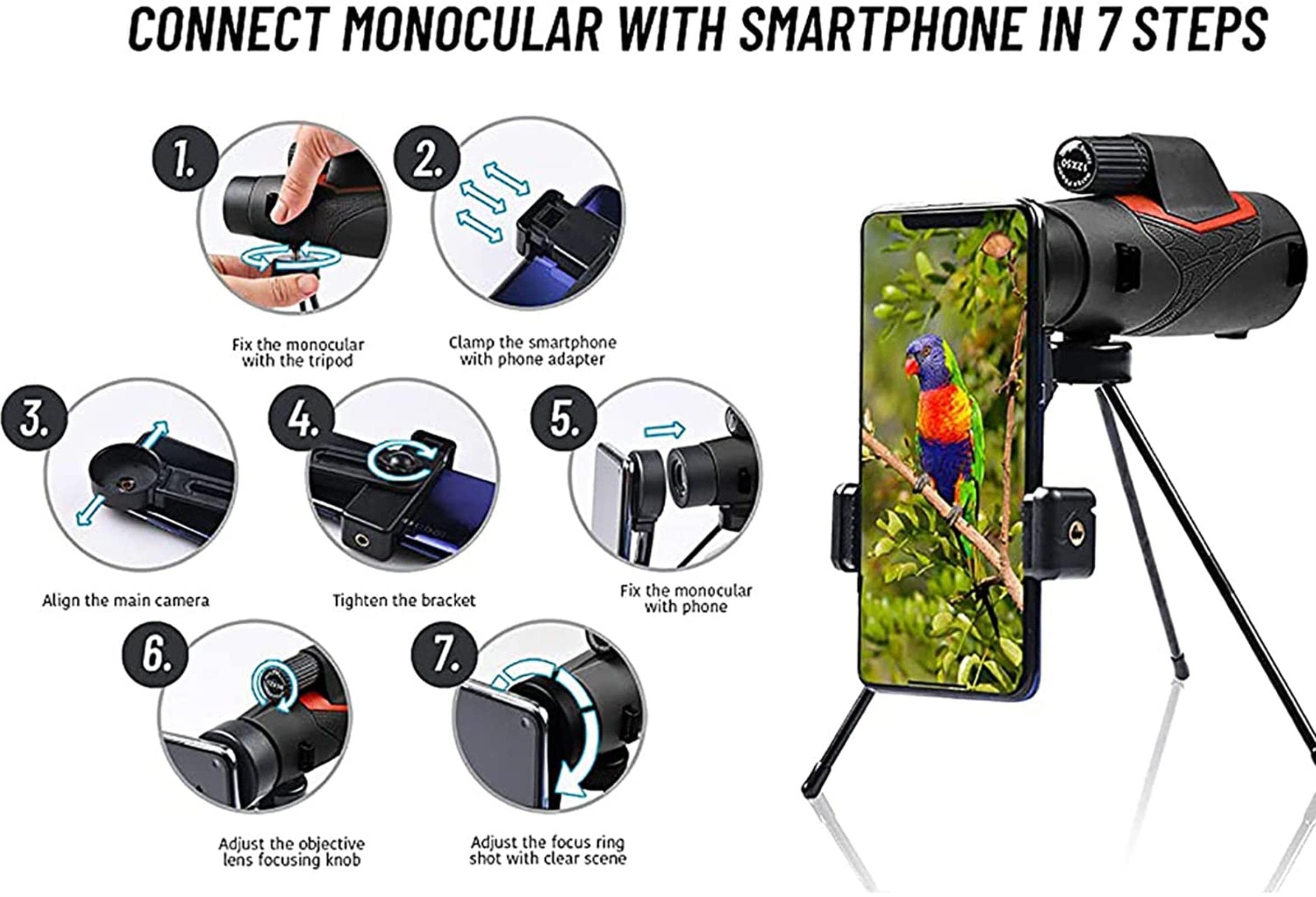 12x50 High Power Monocular Telescope with Smartphone Adapter & Tripod - Waterproof HD Monocular for Bird Watching, Hunting, Camping, Travel, and Outdoor Adventures - Perfect for Adults and Kids