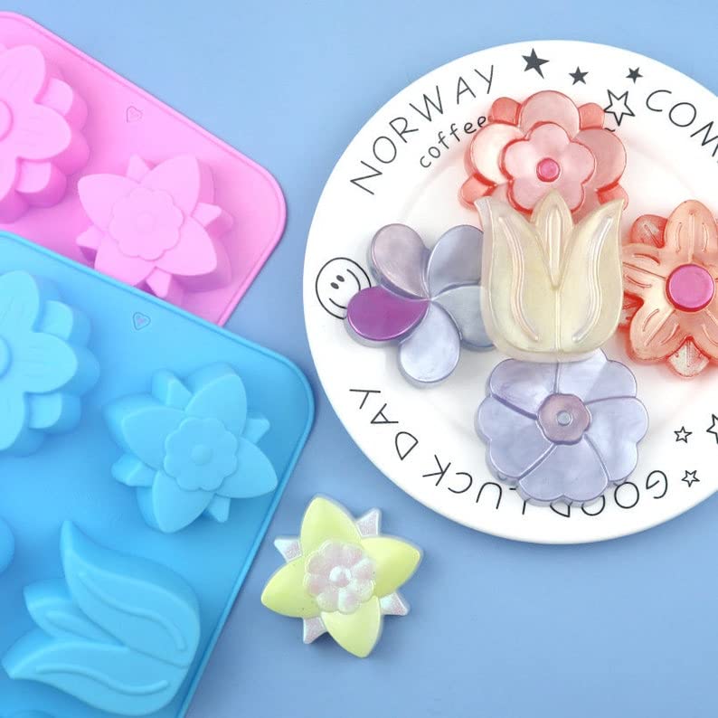 Premium 6-Cavity Silicone Flower Soap Mold Set - Non-Stick Tulip & Daisy Molds for DIY Soap, Candles, Chocolates, Resin Crafts - Perfect for Bath Bombs, Ice Cubes & Home Decor (6 Floral Designs)