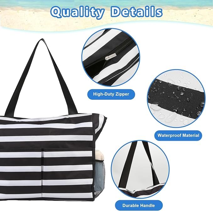 HirTa Women's Large Waterproof Western Hobo Shoulder Bag - Sandproof Beach Tote with Zipper & Wet Pockets for Travel, Pool, Grocery Shopping & Teacher Use - Black Checkered Pattern