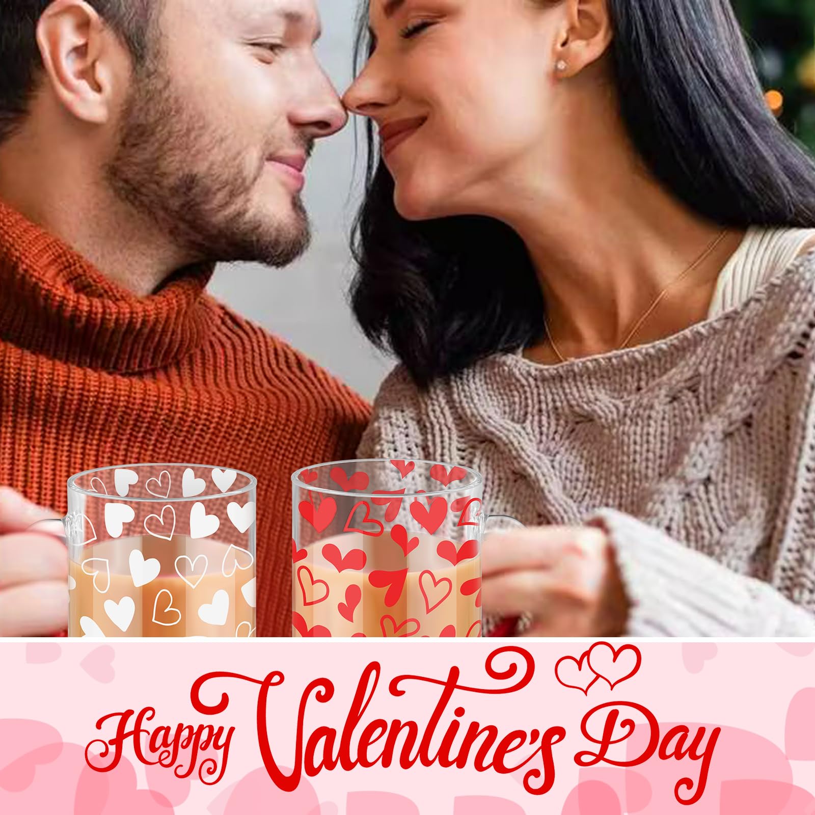 Tioncy 4-Piece Valentine's Day Coffee Mugs Set - 12 oz Heart-Shaped Glass Cups with Handle, Romantic Love Heart Coffee Mugs for Couples, Perfect Sweet Valentine's Gifts for Her/Him, Ideal for Valentine's Day Parties, Anniversaries & Romantic Breakfast in Bed