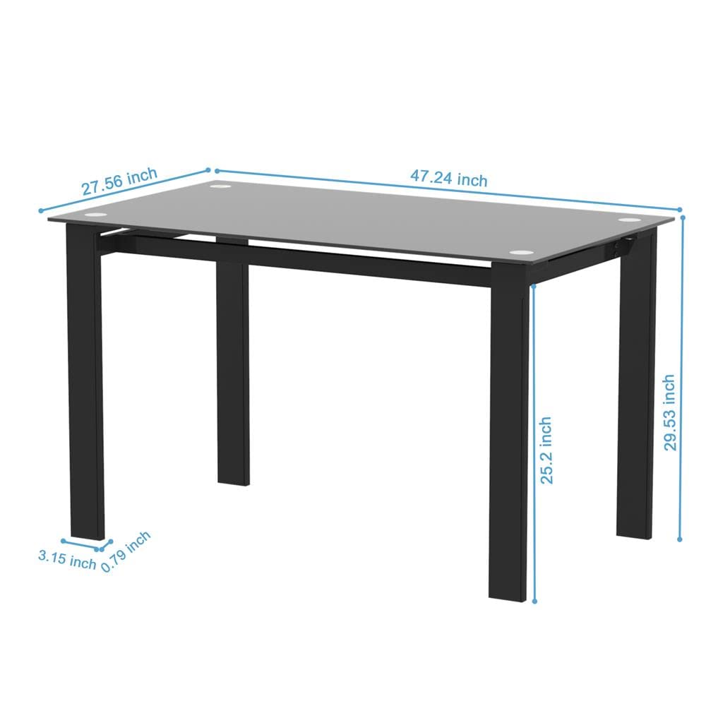 Modern Black Dining Table with Tempered Glass Top & Metal Legs - Minimalist Rectangular Design, Safe & Easy to Clean - Perfect for Small Spaces, Apartments, Kitchen, Dining Room & Office Use