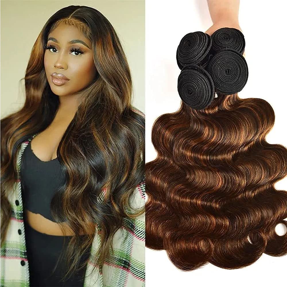 Nadula 12A Grade Brazilian Human Hair Bundles - 100% Unprocessed Virgin Hair, Brown Balayage Body Wave (10