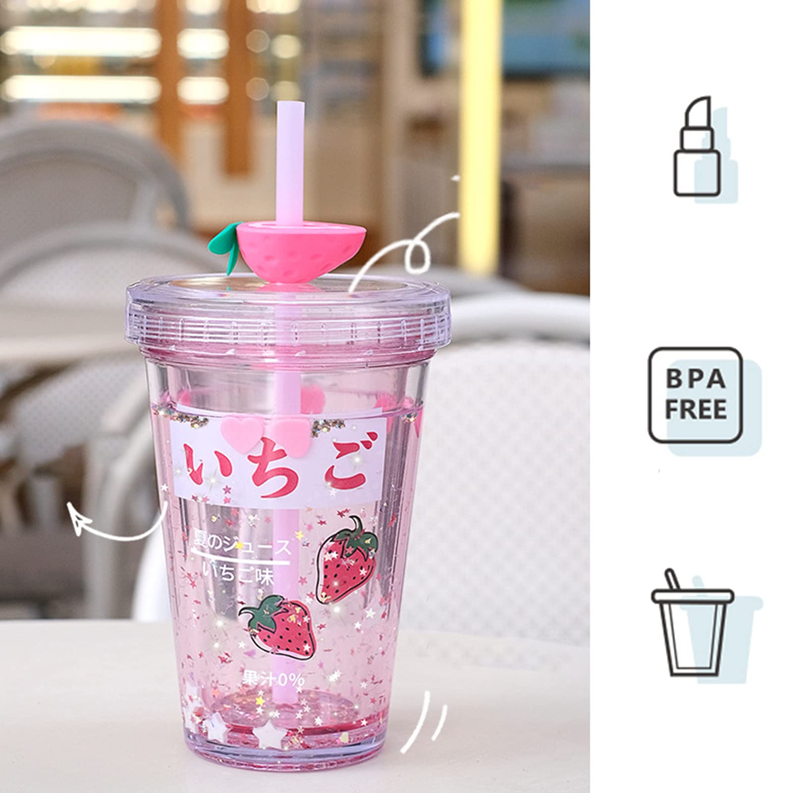 450ml Straw Water Bottle with Cartoon Pattern - BPA-Free Plastic Reusable Drinking Cup for Kids, School, Gym & Outdoor Activities - Pink