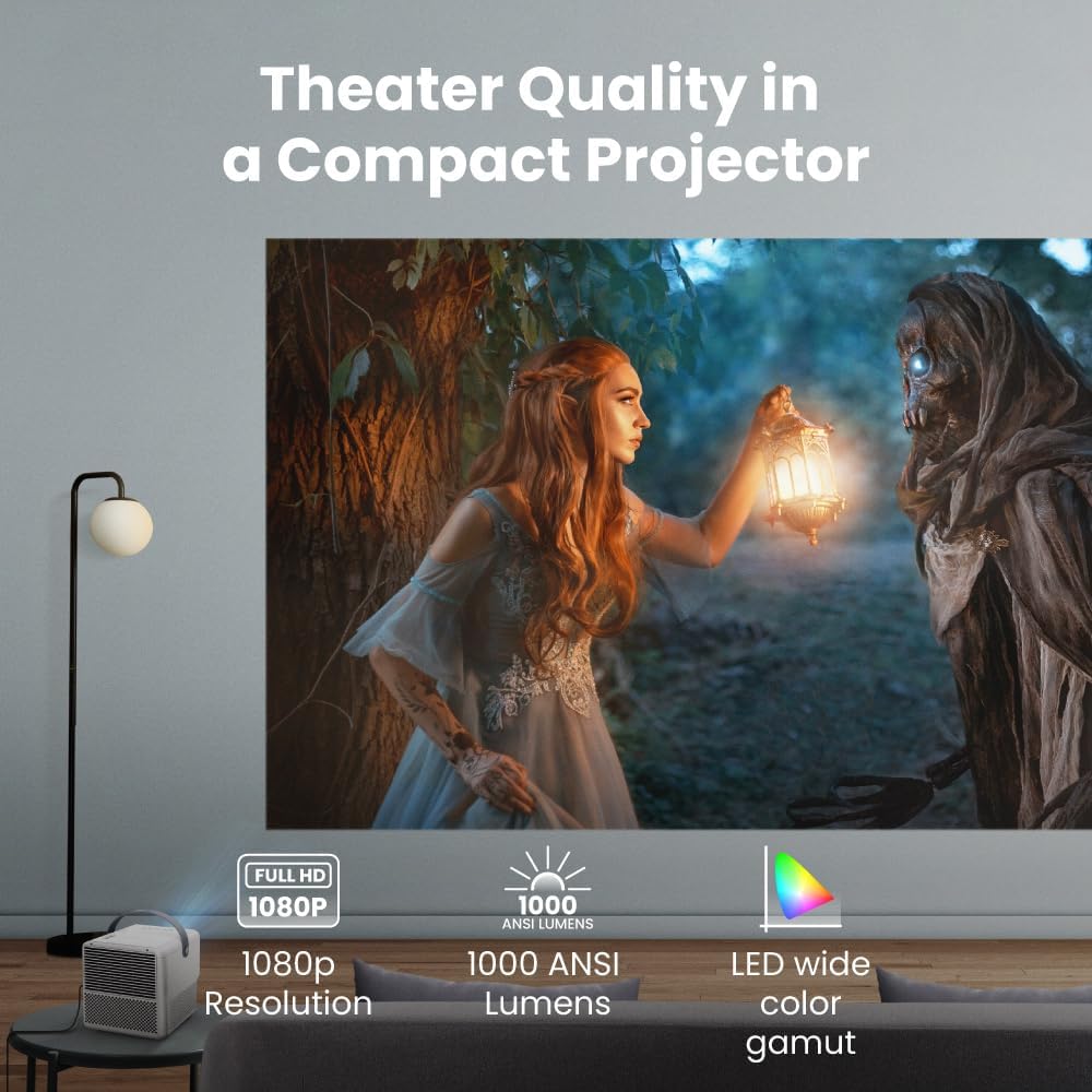 BenQ GP100A 1080p Outdoor Projector with 1000 ANSI Lumens - Built-in Netflix, Android TV 11, Autofocus & Auto Keystone - 20W Speaker, Chromecast & AirPlay - Perfect for Backyard Movie Nights, Camping & Home Theater (White)