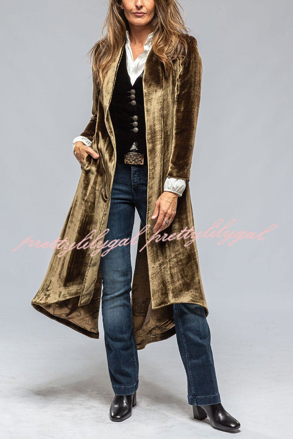 Vintage Velvet Long Loose Pocket Slit Coat - Women's Elegant Trench Coat with Pockets for Fall Winter Fashion, Perfect for Office, Date Night and Special Occasions
