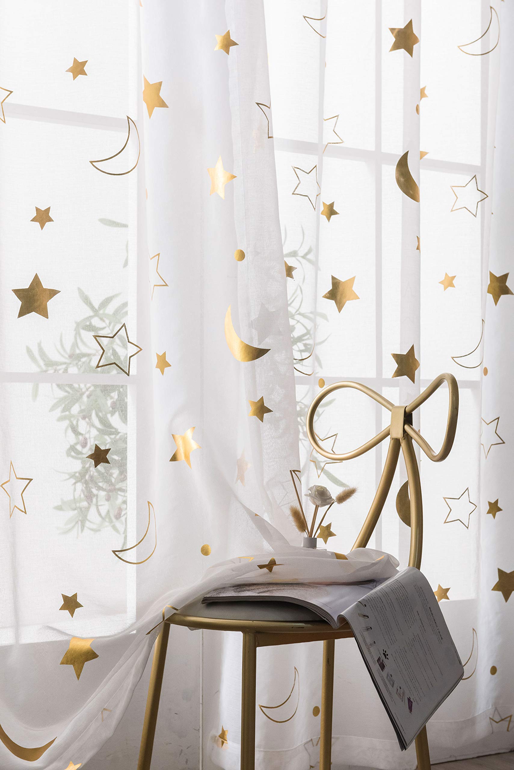 Gold Star and Moon Sheer Window Curtains for Girls Room - 63 Inch Long Grommet White Foil Printed Curtains (Set of 2 Panels) | Kids Bedroom Decor, Nursery, Playroom & Dorm Room Window Treatments